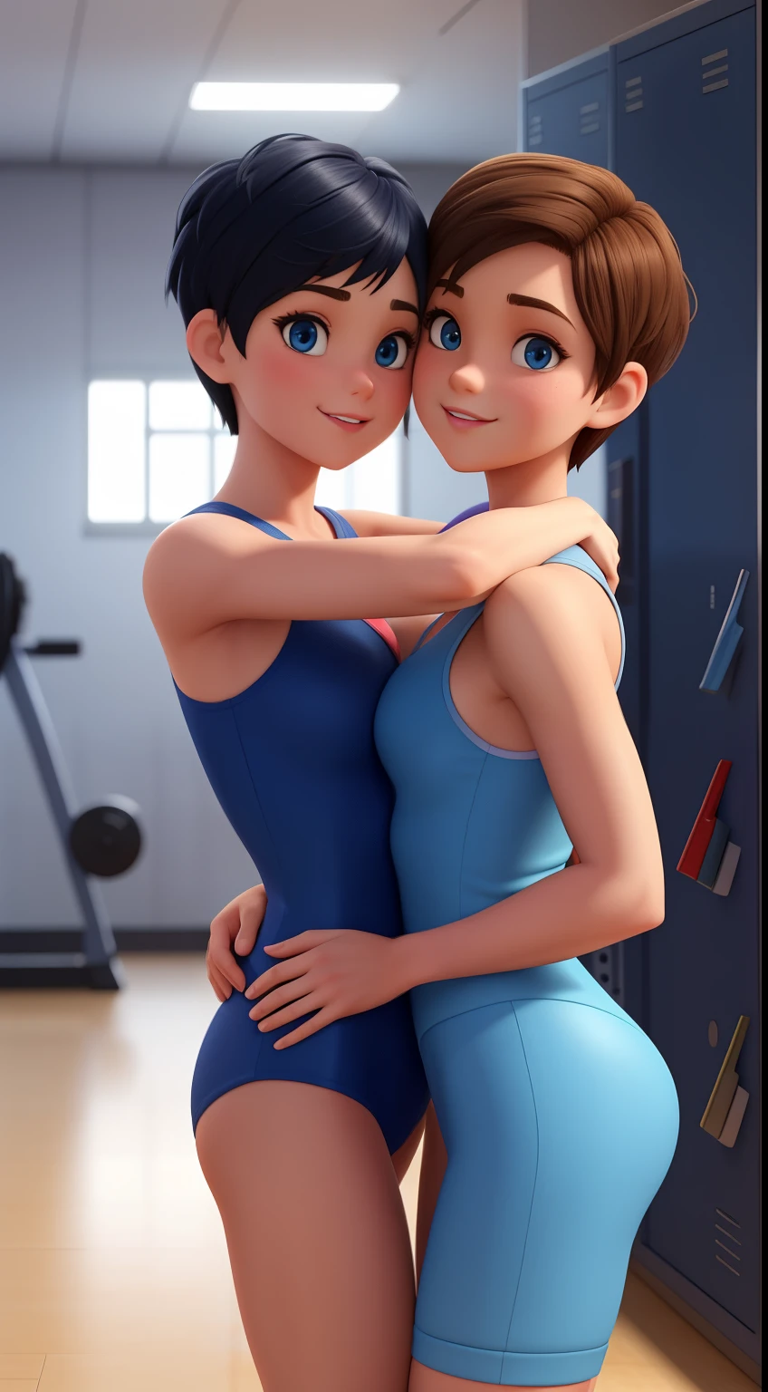 4 girl with short short hair and blue eyes, young looking, bra, tight panties, gym locker room. 3d cartoon with accurate proportions, taking selfie kissing each other, group hug