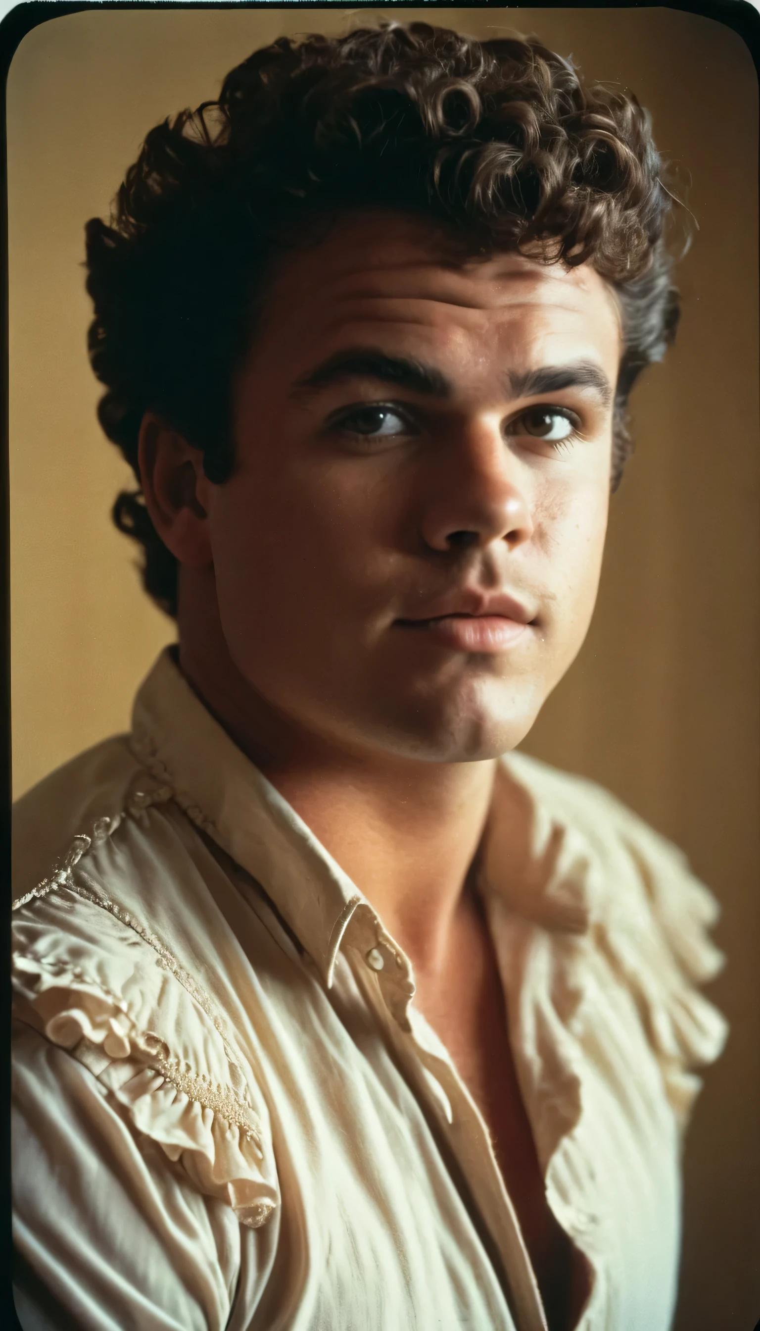 Vintage photo of a young man, 22 years-old, brown-black hair, short curly quiff haircut, brown eyes, body hair, caucasian, round face, oval-shaped jawline, bulbous nose, full lips, thick eyebrows, soft features, stocky broad frame, chubby, overweight, handsome, resembles John C Reilly, wearing a ruffled pirate shirt, hairy chest, silhouette, backlit, split lighting, half face in shadow, RAW Photograph, dslr, hard lighting, hard shadows, high quality, film grain, Fujifilm XT3, detailed skin with visible pores, insane details, masterpiece, 8k, 35mm photograph, dslr, kodachrome, faded film, desaturated, 35mm photo, grainy, vintage, Kodachrome, Lomography, stained, highly detailed, found footage