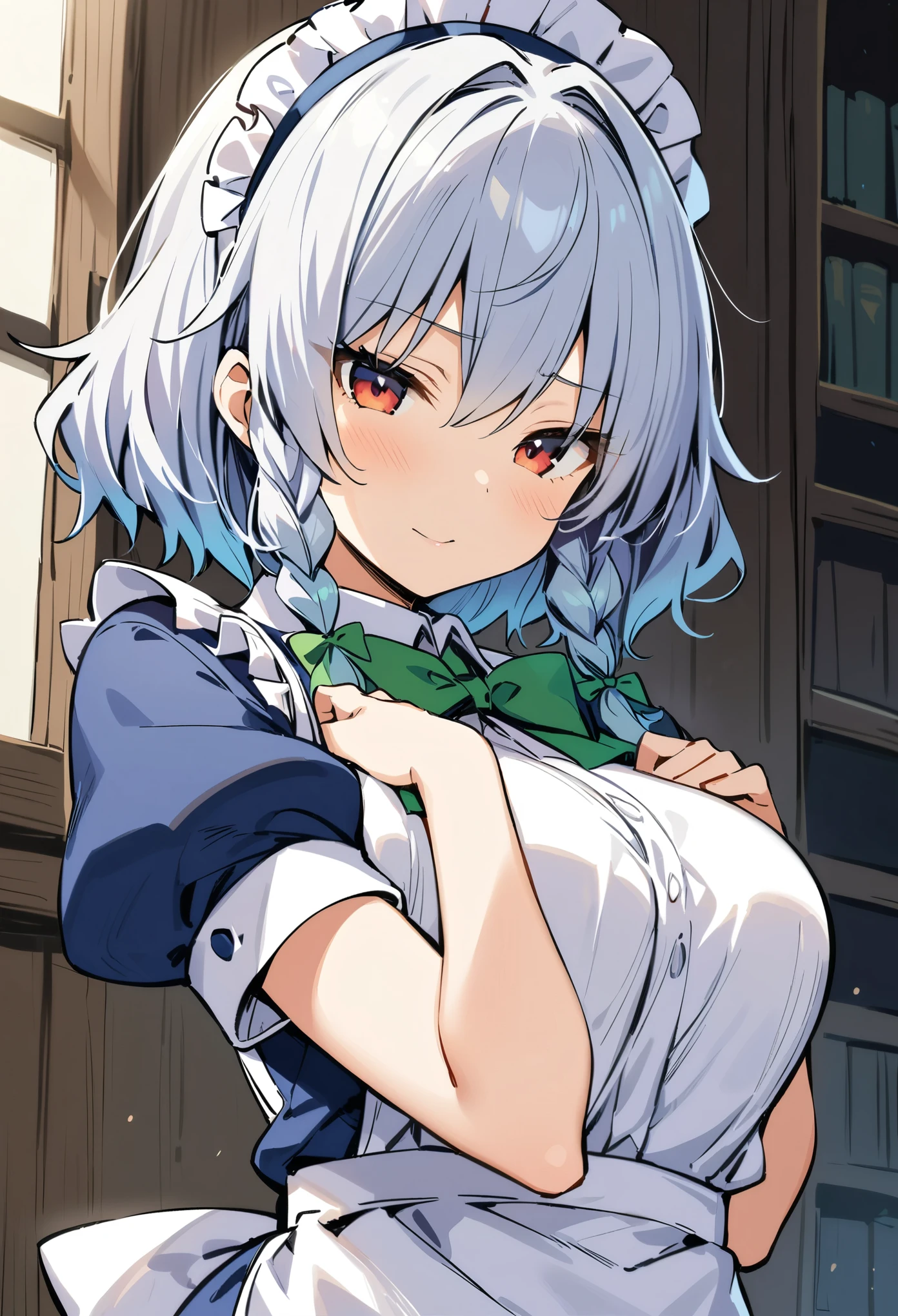 (masterpiece, best quality:1.2), 1girl, solo, izayoi sakuya, touhou, solo, maid headdress, maid, apron, short sleeves, dress,