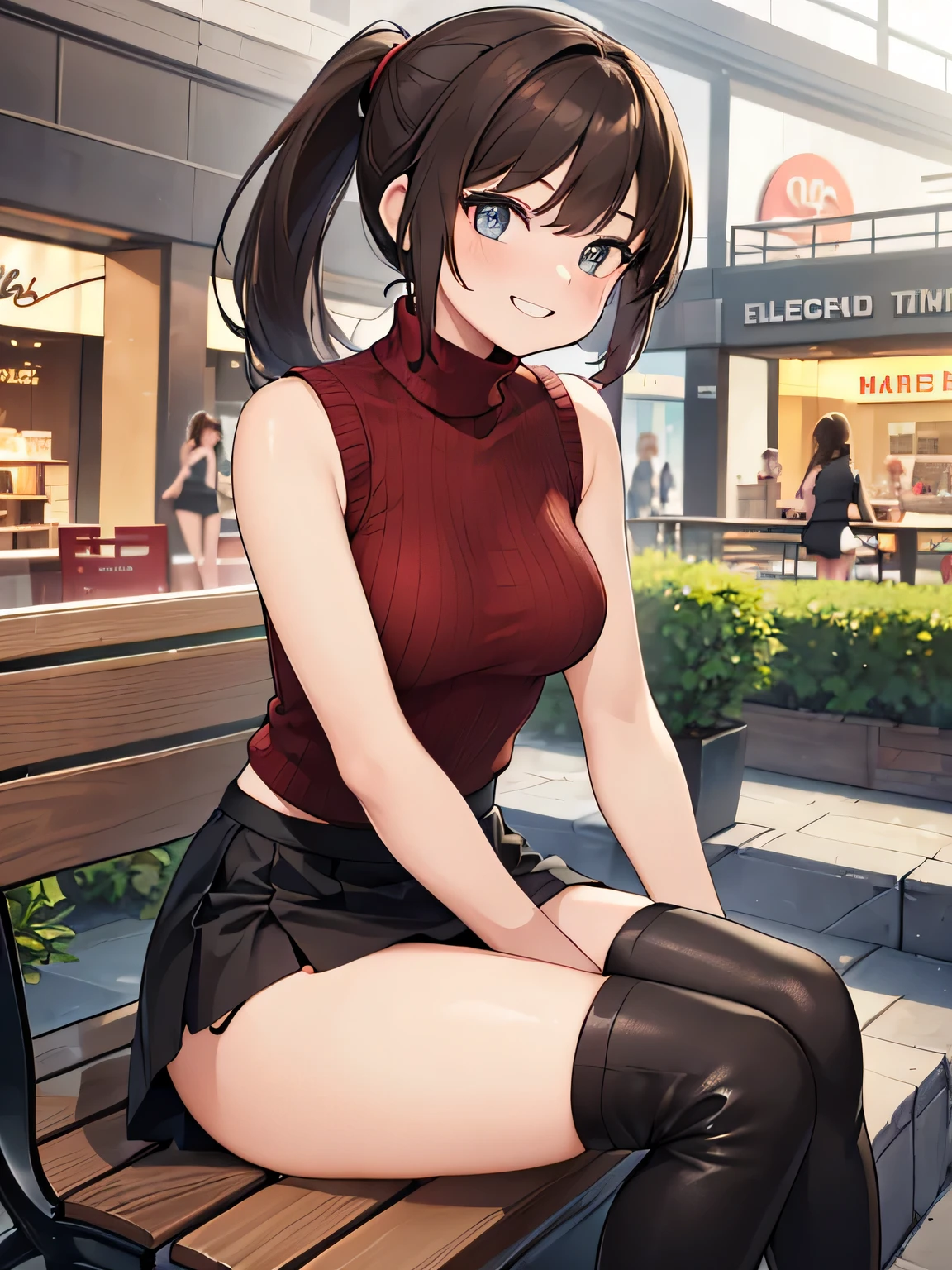 (masterpiece, highest quality, High resolution, realistic pictures, realistic skin:1.1),
(女性はShopping Mall Benchに座っている:1.8),
(she is sitting with her legs closed: 1.8),
(her skirt is so short、I can almost see the pants: 1.8),
(Please use the female panty shots facing the front.:1.8),
(grinning expression:1.5),
(She is wearing a bright red sleeveless turtleneck knit:1.8),
(she is wearing a black flared miniskirt:1.8),
(She is wearing black clothes, middle boots:1.8),
(The pants are in bright colors:1.2),
(brown hair in a middle ponytail:1.5),
(small face:1.5),
(D cup breasts:1.5),
(Location: Shopping Mall Bench:1.5),
1 Japanese girl, alone, Full-bodied Esbian, beautiful eyes, sparkling eyes, NSFW