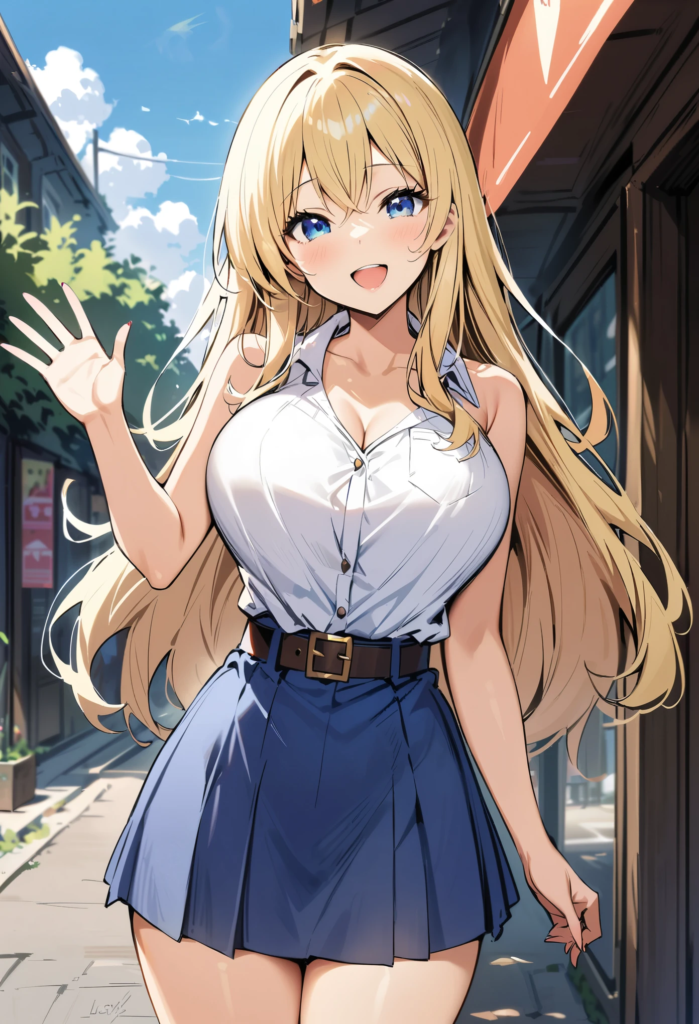 masterpiece, best quality, highres, lucy heartfilia, blonde hair, long hair, large breasts, white shirt, sleeveless, belt, blue skirt, cowboy shot, standing, looking at viewer, outdoors, waving, smile, open mouth,