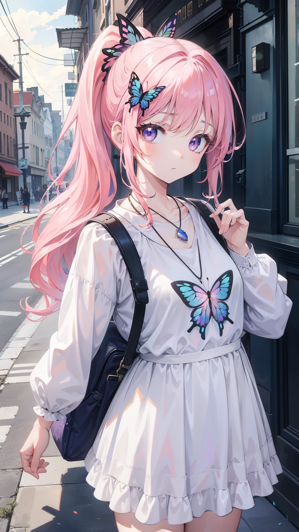 32k, best quality, ultra high res, HDR, UHD, extremely detailed CG unity 32k wallpaper, (((cute gal))), (streets of the world background), ultra quality hair, pink hair, ultra quality eyes, purple eyes, side ponytail, (butterfly hair ornament), peek from below, carry a backpack, (((face focus))), (((looking at another))), lapis lazuli necklace,