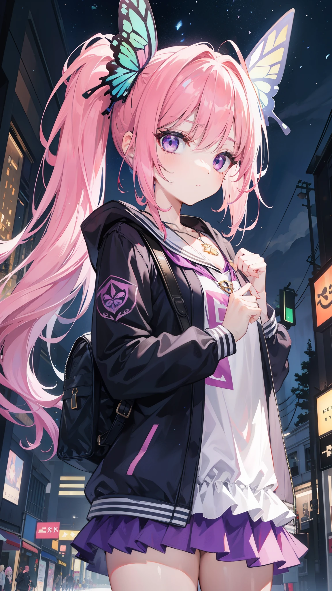 32k, best quality, ultra high res, HDR, UHD, extremely detailed CG unity 32k wallpaper, (((cute gal))), (streets of the world background), ultra quality hair, pink hair, ultra quality eyes, purple eyes, side ponytail, (butterfly hair ornament), peek from below, carry a backpack, (((face focus))), (((looking at another))), lapis lazuli necklace,