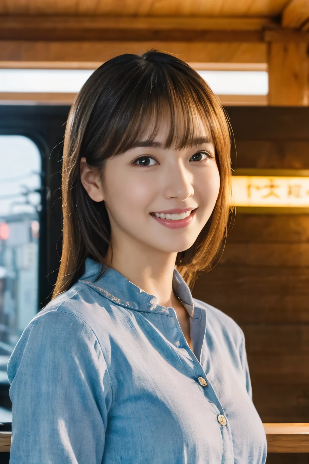 ((table top:1.4, highest quality)), (realistic pictures:1.4), 
((1 girl)), (Pure actress),
(超High resolution:1.2), very delicate and beautiful, wonderful, Highly detailed CG Unity 8K wallpaper, Super detailed, High resolution, 
soft light, beautiful detailed girl, highly detailed eyes and face, beautifully detailed nose, beautiful and detailed eyes, 
(wear casual spring outfits:1.3), 
cinematic lighting, perfect anatomy, slender body, (parted bangs),
(At an unmanned station on a Japanese local line:1.3), (Wooden station building), (line), (Japan&#39;s original scenery),
cowboy shot, looking at the viewer, smile
