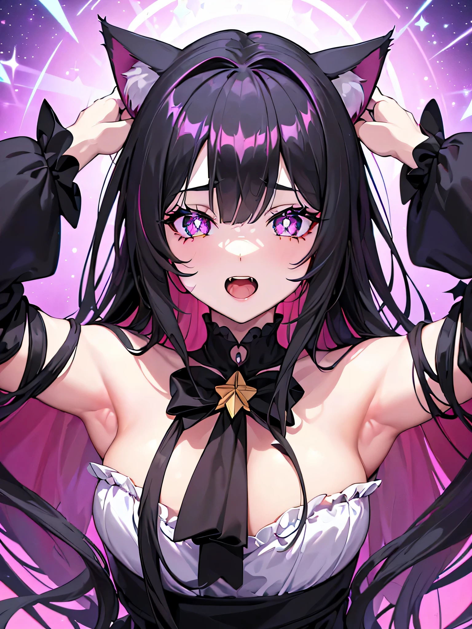 (masterpiece, best quality), ((1girl, (mature female) long hair), (star-shaped pupils, +_+, symbol-shaped pupils, sparkling eyes), (cat ears, open open mouth)), (looking at viewer, light smile, off shoulder), (abstract, multicolored background, abstract background, chromatic aberration), vampire, blood on face, blood on clothes, bat wings