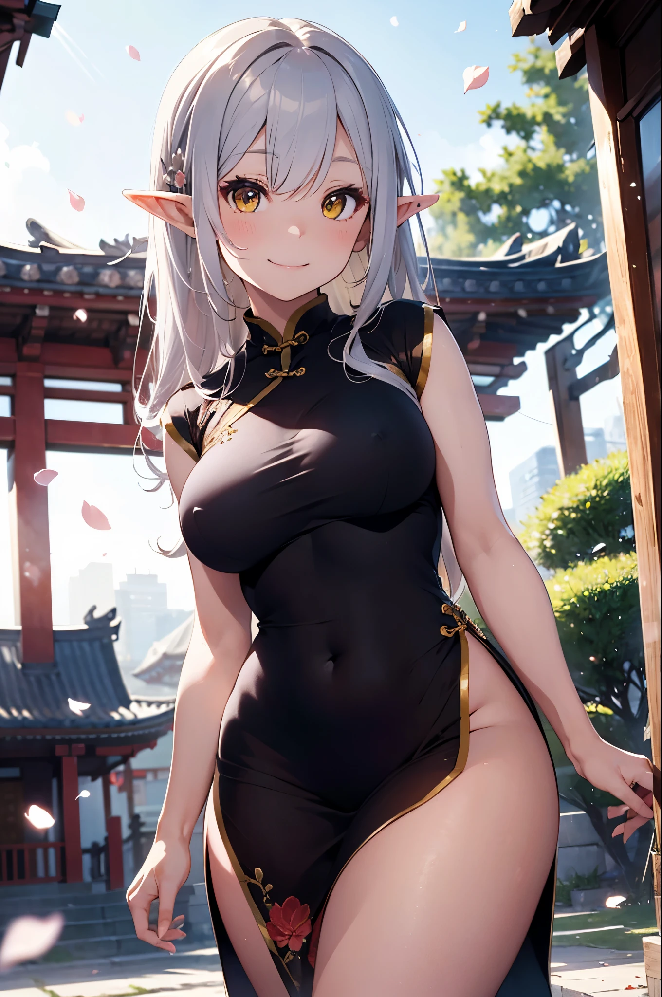 realistic image, coherent image, detailed image, 1 beautiful elf. She has silver hair, long hair. Yellow eyes, long eyelashes. Her face is oval and delicate. Smiling. She wears a red Cheongsam, side slits. She has a curvy body, medium breasts and thick thighs. Chinese temple, flower petals falling around. ambient light, volumetric light,