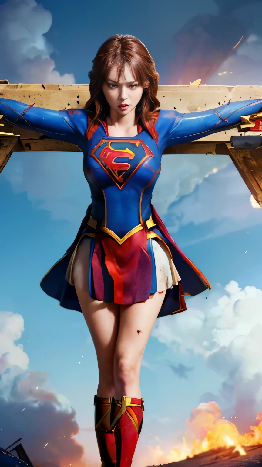 highest quality,masterpiece,UHD, Super detailed, 8K,(Beautiful woman),(一人のBeautiful woman),((crucifixion:1.5)),(((cross))),(execution),((incontinence)),scared,torture,slave,((crossにcrucifixionにされた女性:1.5)),crucifixion刑,((supergirl:1.5)),blue suit,Superman logo on chest,red skirt,red boots,((torn costume:1.5)),((Tearing of clothes:1.5)),(tattered clothes:1.5),Beaten face,顔にtraces of being beaten,((bruises on body)),scars on body,injured face and body,(Bruise, dirty, torn clothes, revealing clothes, Blood:1.3),traces of being beaten,Defeated heroine,a devastated world,ruins,abandoned building,(burning at the stake),((roasted over fire:1.2)),inflammation,(inflammationに包まれている),足下にinflammation