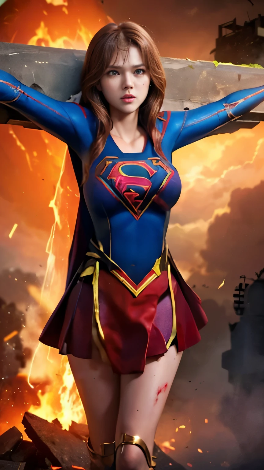 highest quality,masterpiece,UHD, Super detailed, 8K,(Beautiful woman),(一人のBeautiful woman),((crucifixion:1.5)),(((cross))),(execution),((incontinence)),scared,torture,slave,((crossにcrucifixionにされた女性:1.5)),crucifixion刑,((supergirl:1.5)),blue suit,Superman logo on chest,red skirt,red boots,((torn costume:1.5)),((Tearing of clothes:1.5)),(tattered clothes:1.5),Beaten face,顔にtraces of being beaten,((bruises on body)),scars on body,injured face and body,(Bruise, dirty, torn clothes, revealing clothes, Blood:1.3),traces of being beaten,Defeated heroine,a devastated world,ruins,abandoned building,(burning at the stake),((roasted over fire:1.2)),inflammation,(inflammationに包まれている),足下にinflammation