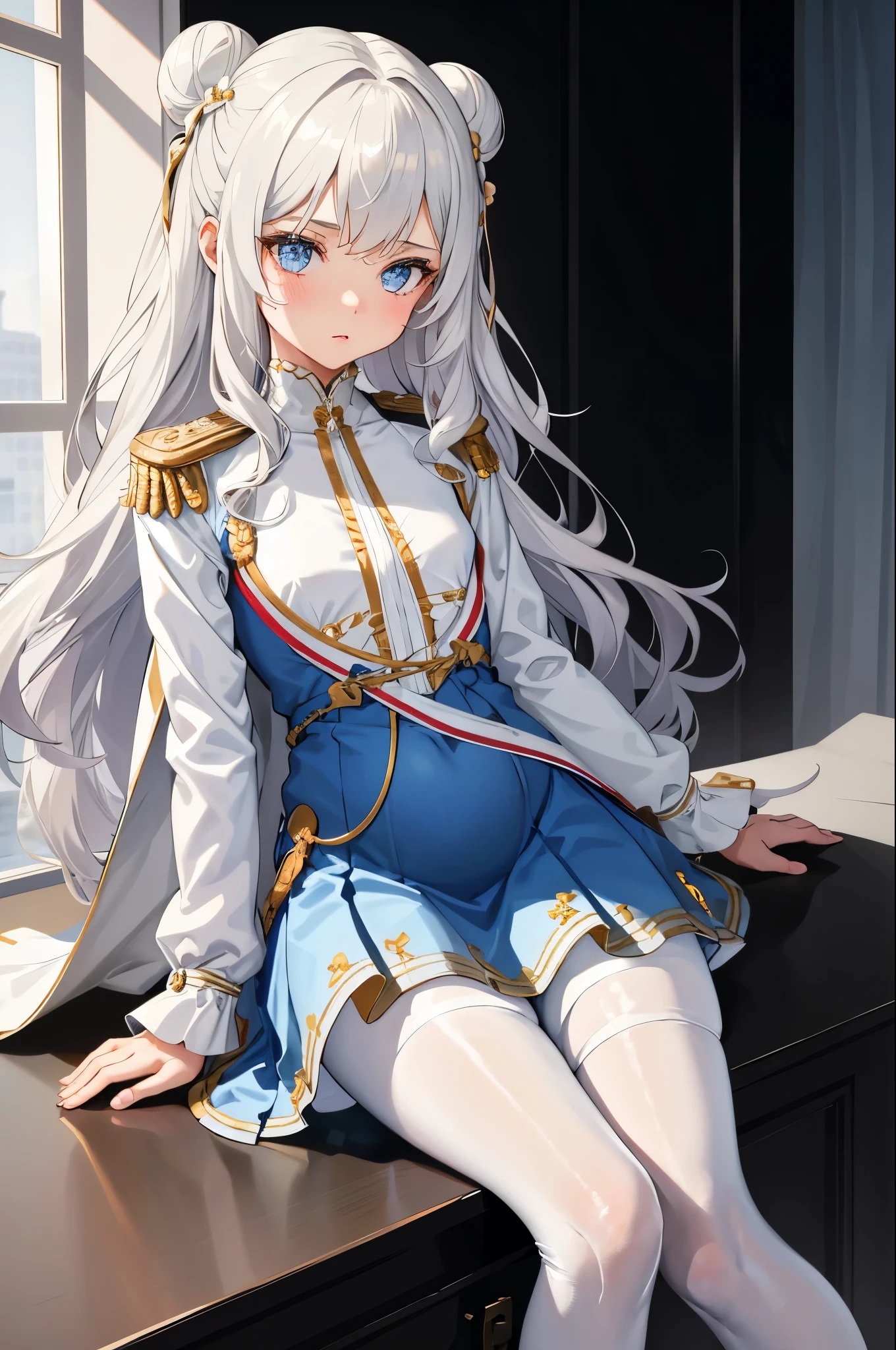 1girl, masterclass, best quality, ultra-detailed, illustration, indoors, small breasts, double bun, blue dress, white pantyhose, LeMalinDefault, epaulettes, pleated dress, coat, gray hair, very young, pregnant 