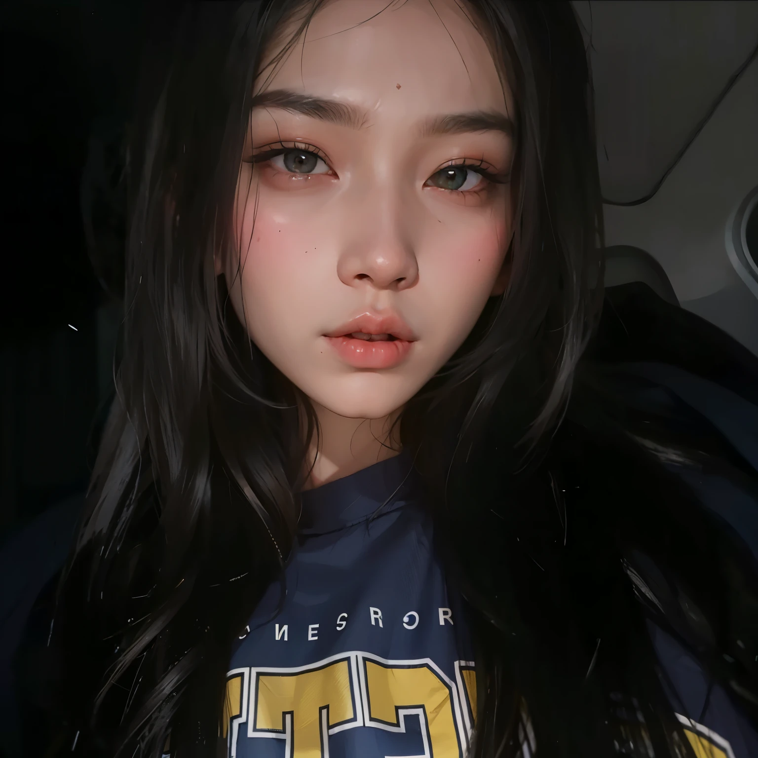 um close de uma garota com cabelos longos vestindo uma camiseta, Ela tem um rosto bonito, asian face, Southeast Asian with round face, ela tem um rosto bonito e expressivo, serious face, thick lips, Rosto perfeitamente iluminado, Cara de cerca, com bochechas redondas, detailed face of an Asian girl, 18 anos de idade, Cara Sexy, with very thin lips