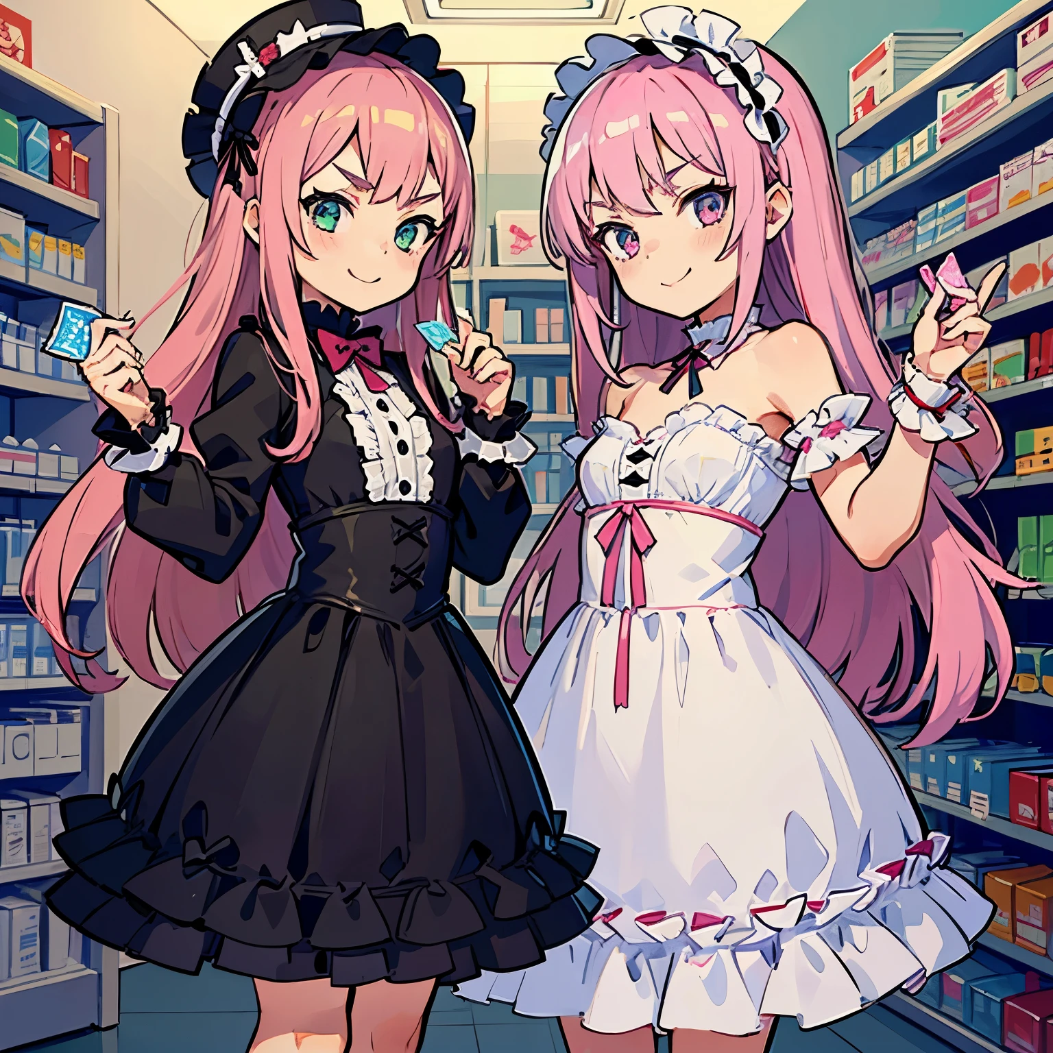Girl with pink hair, long double-tailed hairstyle, small bushy eyebrows, wearing gothic ta clothing, loli(Zankuro) drawing style by zankuro artist, Zancrow style, image uploaded in R34, buying condoms, flirty smile, in a pharmacy lifting her skirt to show her vagina wet with semen