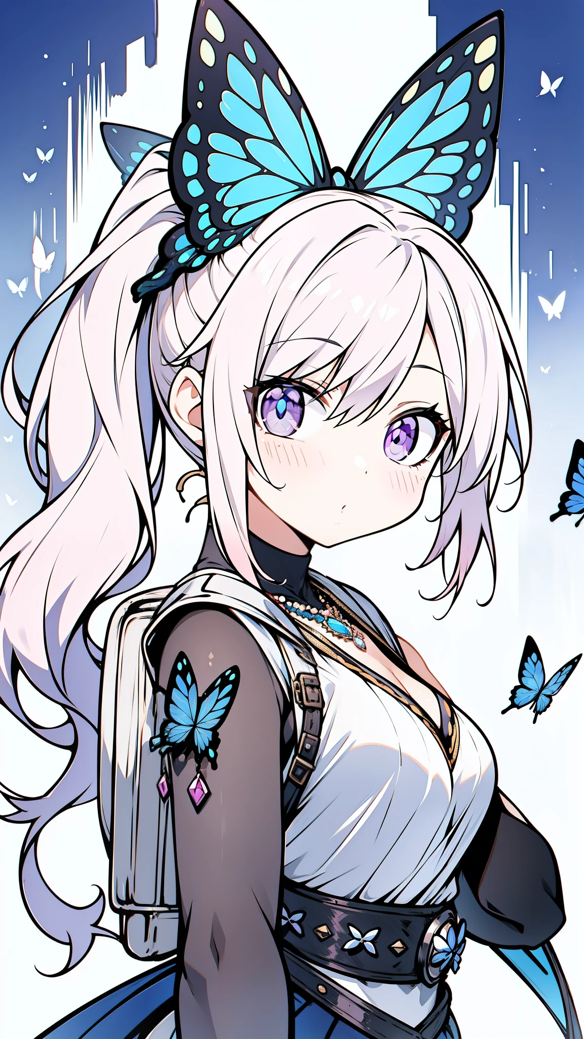 32k, best quality, ultra high res, HDR, UHD, extremely detailed CG unity 32k wallpaper, (((cute gal))), (streets of the world background), ultra quality hair, pink hair, ultra quality eyes, purple eyes, side ponytail, (butterfly hair ornament), peek from below, carry a backpack, (((face focus))), (((looking at another))), lapis lazuli necklace, 
