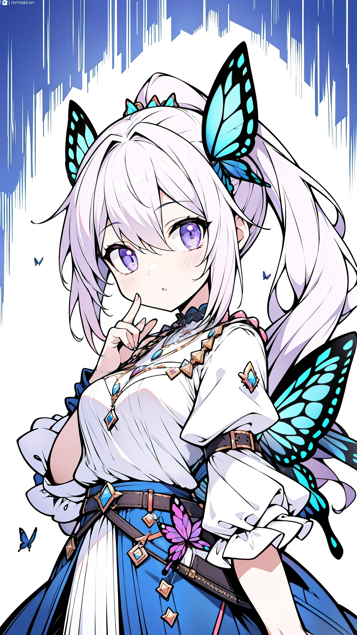 32k, best quality, ultra high res, HDR, UHD, extremely detailed CG unity 32k wallpaper, (((cute gal))), (streets of the world background), ultra quality hair, pink hair, ultra quality eyes, purple eyes, side ponytail, (butterfly hair ornament), peek from below, carry a backpack, (((face focus))), (((looking at another))), lapis lazuli necklace, 