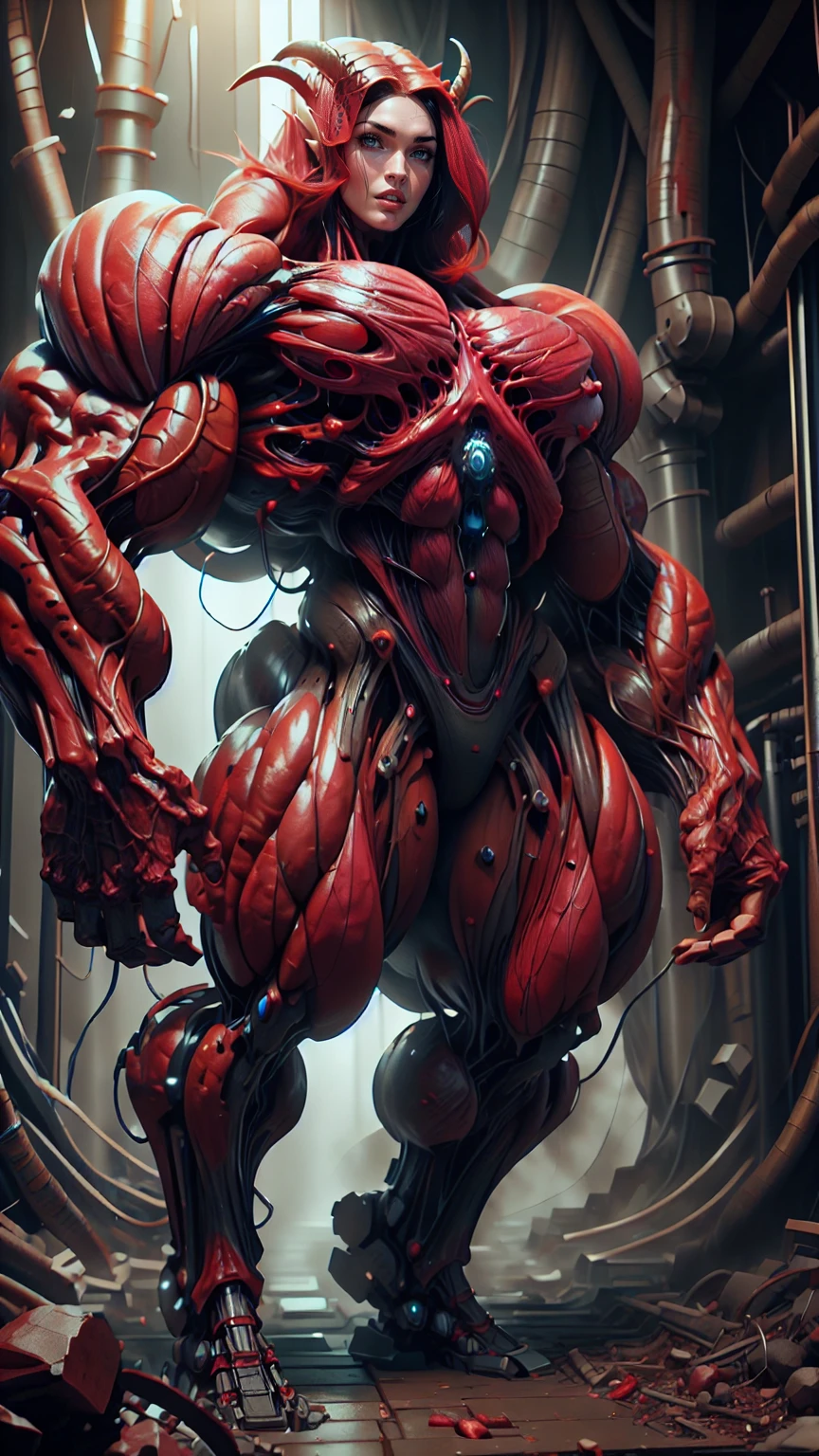Cinematic, clear facial features and insanely detailed, the image captures the essence of (1 girl), (megan fox:1.25), (long red hair), (carnage skinless physique:1.25), (1 super muscular undead skinless succubus with gigantic horns:1.25), (covered in red necrotic rotting skinless muscle:1.25), (exposed muscles & veins everywhere:1.25), (perfect fingers:1.25) (full body pose:1.25). The color grading is beautifully done, enhancing the overall cinematic feel. Unreal Engine makes her appearance even more mesmerizing. With depth of field (DOF), every detail is focused and accentuated, drawing attention to her eyes and hair. Peak image resolution utilizing super-resolution technology ensures pixel perfection. Cinematic lighting enhances her aura, while anti-aliasing techniques like FXAA and TXAA keep the edges smooth and clean. Adding realism to the muscular bio-mecha succubus , RTX technology enables ray tracing. Additionally, SSAO (Screen Space Ambient Occlusion) gives depth and realism to the scene, the girl's presence even more convincing. In the post-processing and post-production stages, tone mapping enhances the colors, creating a captivating visual experience. The integration of CGI (Computer-Generated Imagery) and VFX (Visual Effects brings out her demonic features seamlessly . Incredible level of detail, with intricate elements meticulously crafted, the artwork hyper maximalist and hyper-realistic. Volumetric effects add depth and dimension, with unparalleled photorealism. 8k resolution rendering ensures super detailed visuals. The volumetric lighting adds a touch of magic, highlighting her beauty and aura in an otherworldly way. High Dynamic Range (HDR) tech makes the colors pop, adding richness to the overall composition. Ultimately, this artwork presents an unreal, yet stunningly real portrayal of an incredibly beautiful bio-mecha succubus girl. The sharp focus ensures that every feature is crisply defined, creating a captivating presence. (girl face:1.45)