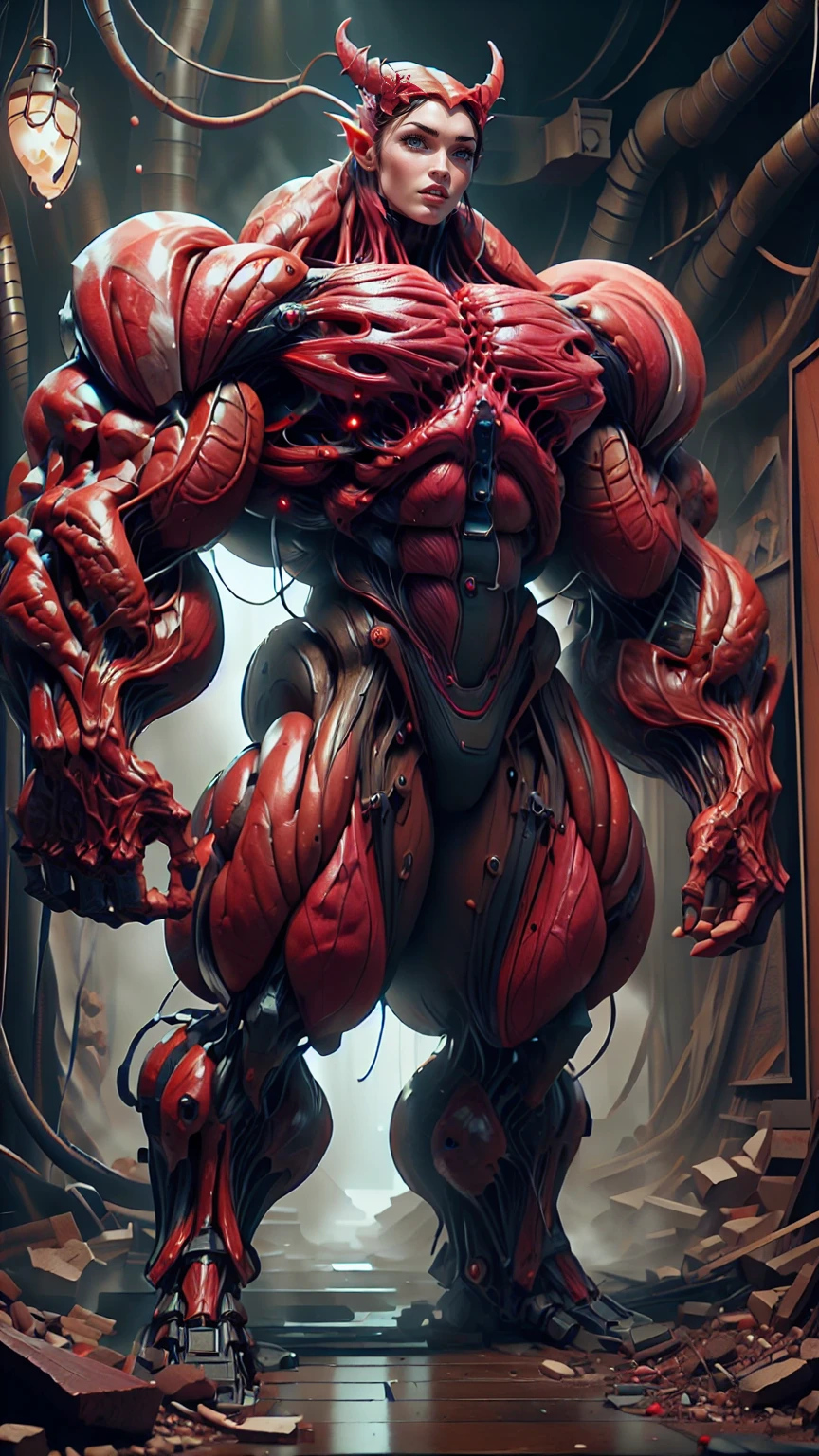 Cinematic, clear facial features and insanely detailed, the image captures the essence of (1 girl), (megan fox:1.25), (long red hair), (carnage skinless physique:1.25), (1 super muscular undead skinless succubus with gigantic horns:1.25), (covered in red necrotic rotting skinless muscle:1.25), (exposed muscles & veins everywhere:1.25), (perfect fingers:1.25) (full body pose:1.25). The color grading is beautifully done, enhancing the overall cinematic feel. Unreal Engine makes her appearance even more mesmerizing. With depth of field (DOF), every detail is focused and accentuated, drawing attention to her eyes and hair. Peak image resolution utilizing super-resolution technology ensures pixel perfection. Cinematic lighting enhances her aura, while anti-aliasing techniques like FXAA and TXAA keep the edges smooth and clean. Adding realism to the muscular bio-mecha succubus , RTX technology enables ray tracing. Additionally, SSAO (Screen Space Ambient Occlusion) gives depth and realism to the scene, the girl's presence even more convincing. In the post-processing and post-production stages, tone mapping enhances the colors, creating a captivating visual experience. The integration of CGI (Computer-Generated Imagery) and VFX (Visual Effects brings out her demonic features seamlessly . Incredible level of detail, with intricate elements meticulously crafted, the artwork hyper maximalist and hyper-realistic. Volumetric effects add depth and dimension, with unparalleled photorealism. 8k resolution rendering ensures super detailed visuals. The volumetric lighting adds a touch of magic, highlighting her beauty and aura in an otherworldly way. High Dynamic Range (HDR) tech makes the colors pop, adding richness to the overall composition. Ultimately, this artwork presents an unreal, yet stunningly real portrayal of an incredibly beautiful bio-mecha succubus girl. The sharp focus ensures that every feature is crisply defined, creating a captivating presence. (girl face:1.45)