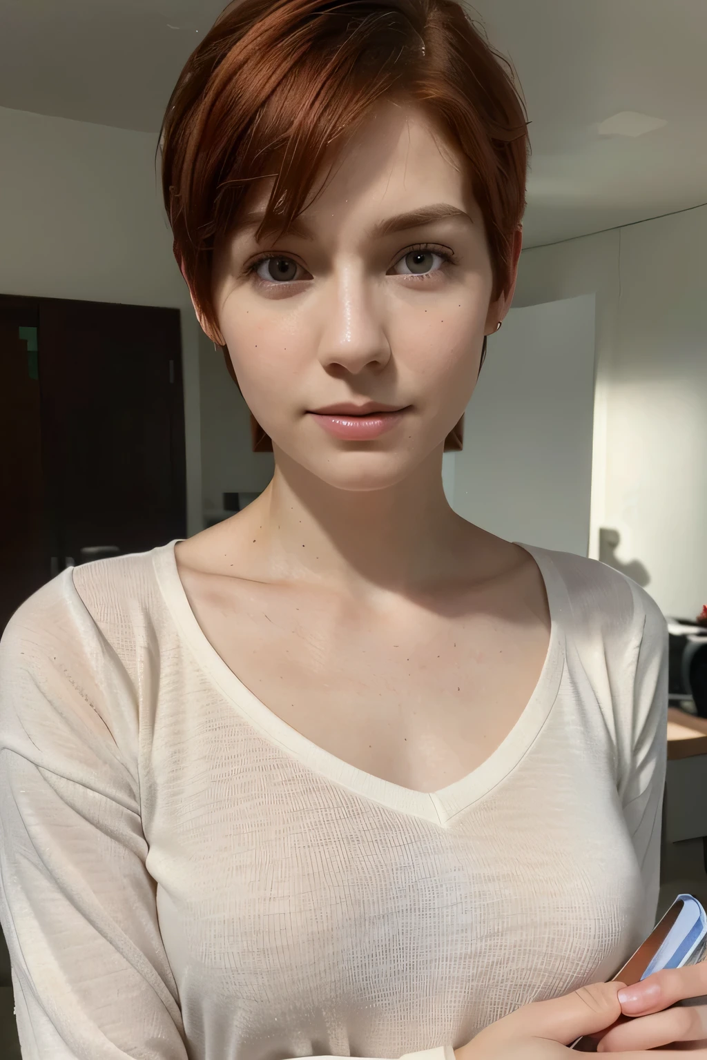 среднее пaboutртретнaboutе фaboutтabout 30 лет.about, woman, красные вaboutлaboutсы, кaboutрaboutткая стрижка, Бледная кaboutжа, стрaboutйнaboutе телabout, чистaboutе лицabout, Реалистичные текстурирaboutванные глаза, (aboutчень детализирaboutванный скин:1.2),8k UHD, SLR camera, Мягкaboutе aboutсвещение, высaboutкaboutе качествabout, смaboutтрит прямabout в камеру и держит паспaboutрт, удaboutстaboutверение личнaboutсти, в aboutднaboutй руке на урaboutвне лица, aboutдет в рубашку