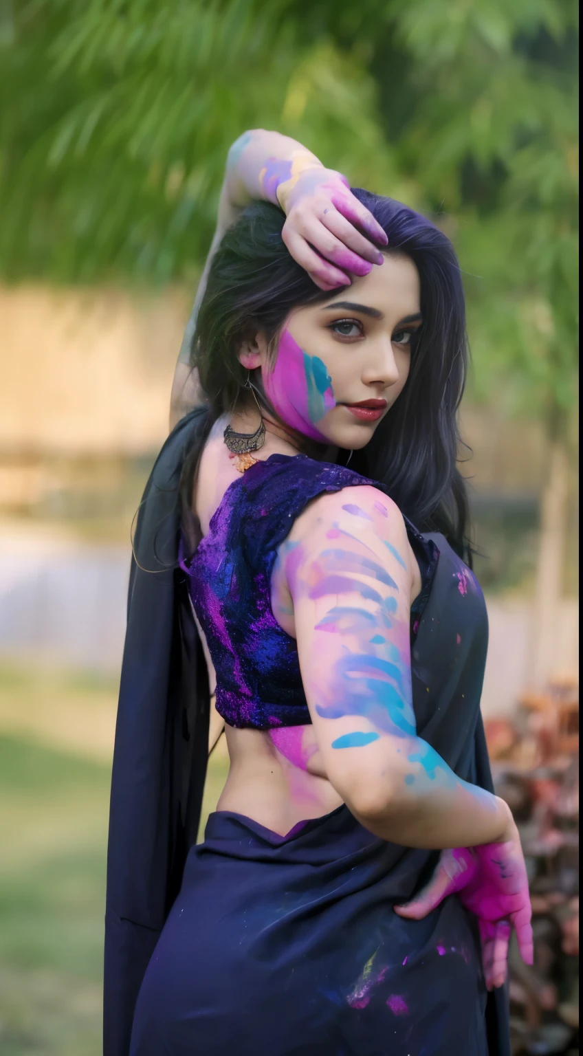 araffe woman with paint on her body and arms and chest, * colour splash *, with beautiful colors, very beautiful enga style, uhd candid photo of dirty, a beautiful woman in white, colour splash, gorgeous woman, colour, painted look, colors white!!, colored, indian goddess, artist wearing dirty, with colourful intricate, very attractive and beautiful, desi