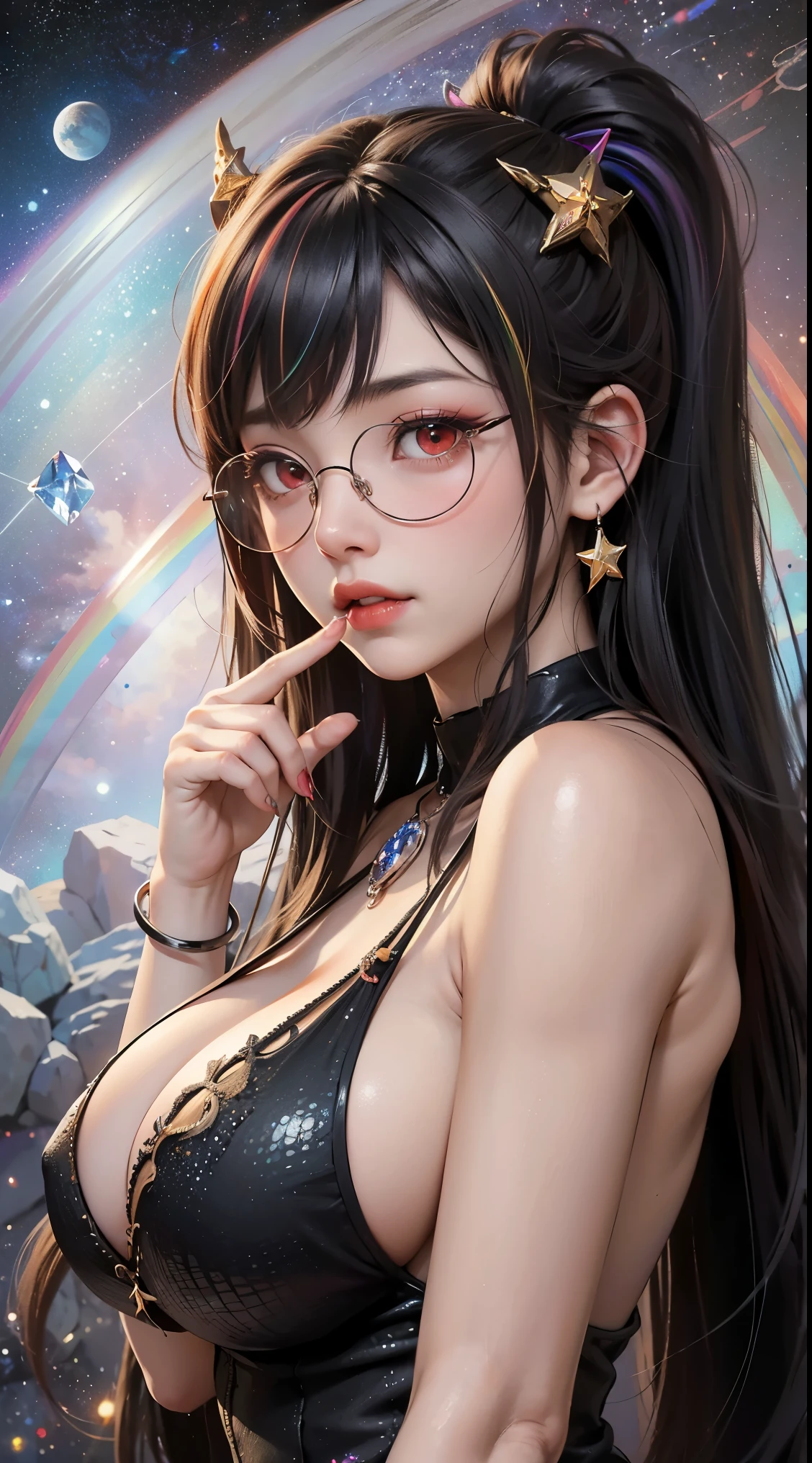 1名 27歳 woman, got it、(best illustrations)、8k UHD resolution、intricate details、最high quality、realistic、Super detailed、best lighting、best shadow、soft lighting、ultra hd、dungeon and Dragon、cave、dungeon、 necromancer、night、dark style、Succubus、devil'Daughter of、bat wings,(((デーモンホーンラック縁round glasses))))、(((big breasts)))、(devil'tail)、(red eyes shine:1.6)、masterpiece、beautiful features、Tyndall effect、realisticphotograph、(high detail skin:1.2)、8KUHD、Digital single-lens reflex camera、high quality、photograph、High resolution、 absurd、Ponytail distortion、Optimal ratio of 4 fingers and 1 thumb、1 girl、hair ornaments、真っ赤に輝くgemのネックレス、gem、beautiful expression、body up、big breasts emphasis、tight waist、wide ass、Tyndall effect、Photoreal、(high detail skin:1.2)、dark and mysterious version, lipstick red lips, thin and beautiful lips, Don'Don'Don'don't laugh, please keep your mouth shut, Characters created by Karol Baku and Pino Denis, intricate details, detailed background, very detailed, magic of light, woman, cute face, ((((giant glasses, otaku glasses, thick glasses, round glasses))))、 looking at the Upper body of the goddess , round chest, big and round chest, phoenix hair brooch, long hair with bangs, (Long hair has seven colors like a rainbow:1.9), Beautifully detailed face and well-proportioned eyes, (Crystal clear red eyes: 1.8), Big round eyes and very beautiful and detailed makeup, Visionary, long silk nightgowns, mysterious makeup, ブresponseレット, I dyed the side bangs light yellow...., Upper body, (goddess Upper body: 1.8), hanging arms, リアルで鮮やかなphotograph, (stars that make up : 1.7), ( Space-time portal of sky and imagination: 1.8), fiction art, RAWphotograph,黒い着物のphotograph, 最高のphotograph , expensive_response, 最high quality, 最高のphotograph, 8K quality, 8k ultra , surrealism, 最も経済的な本物のphotograph, Artistic portrait of 12 signs, Symbol of one of the 12 signs on the reverse side, 12 Portrait of the Goddess, 最もrealistic配色, 最高のphotograph color, masterpiece, hair ornaments, ネックresponse, jewelry, beautiful face, Upper body, Tyndall effect, photographのようにリアルな, Dark studio, border light, two tone light, (fine skin) expensive: 1.2), 8k UHD, Digital single-lens reflex camera, soft light, expensive quality, volume light, Frank, photograph, expensive responseolution, 4K quality, 8k, Bokeh, smooth and sharp, 10x more pixels, Charming goddess, sexy goddess, (background space: 1.8), (milky way: 1.7), aurora, lightning, (auroraの背景: 1.8) <roller:crazy_perfect eyes_v1_from_v1_, beautiful goddess and flowers,
