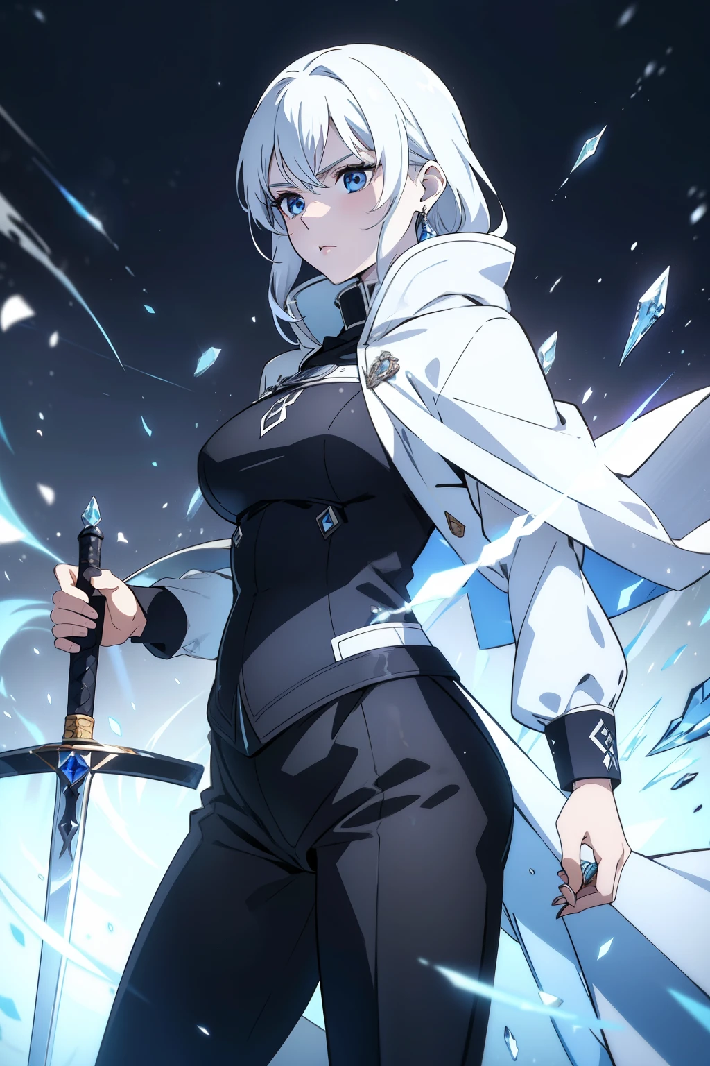 (best quality, high resolution), ultra-detailed, woman, young, 19 years old, swordsman, long white hair, snow-white skin, cold eyes, crystal blue eyes, black uniform with black pants, black clothing, white cape with hood. Crystal loga sword, shiny, (ultra-detailed sword, high resolution, best quality). Earring, crystal bottom, pregnant 