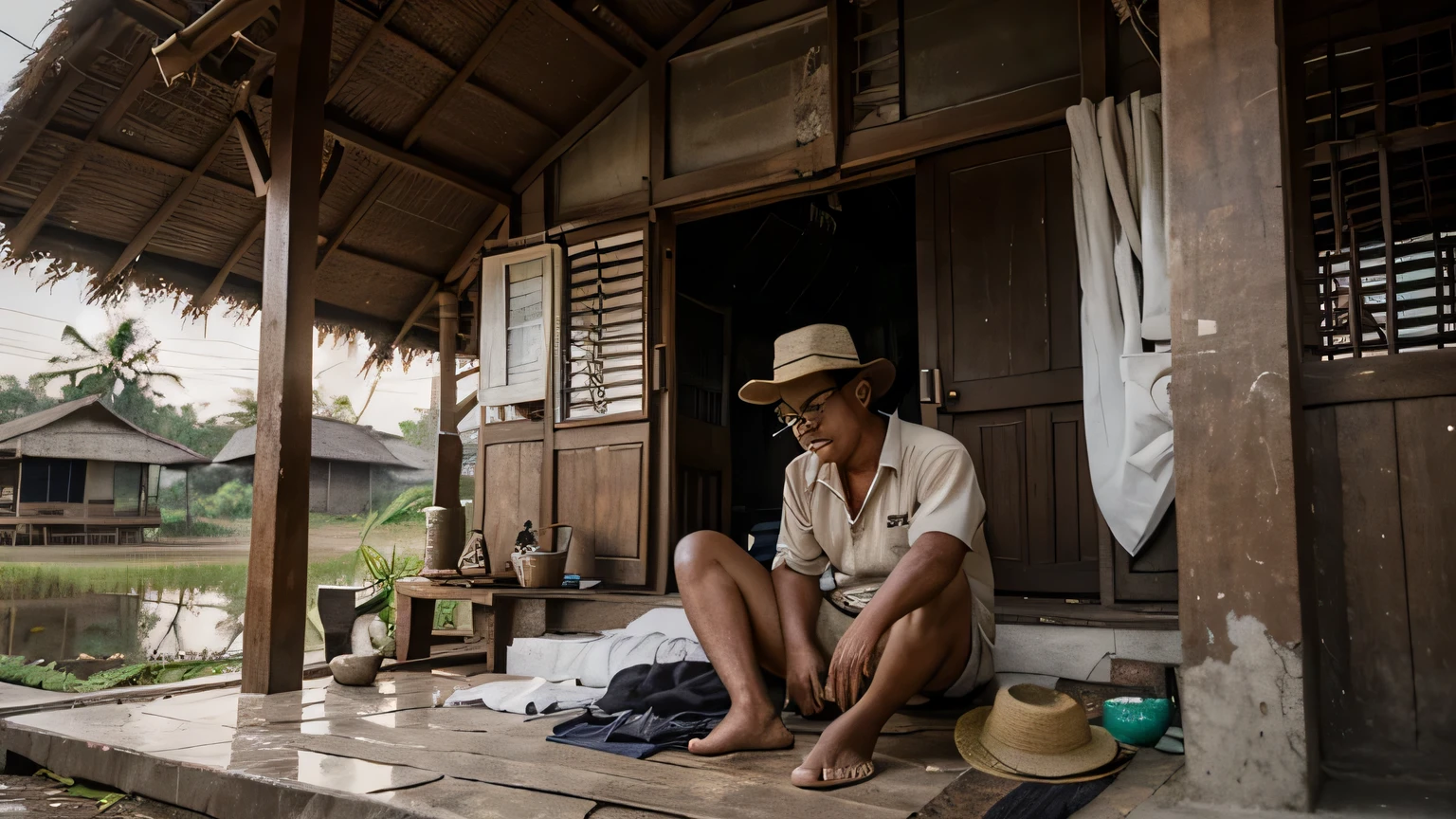 an Indonesian man, rich, wearing a hat and glasses, is sleeping on the front porch of a small, ugly, shabby balai saung, Scene in the middle of rice fields in rural Indonesia, Extreme Long Shot, camera angle from the front