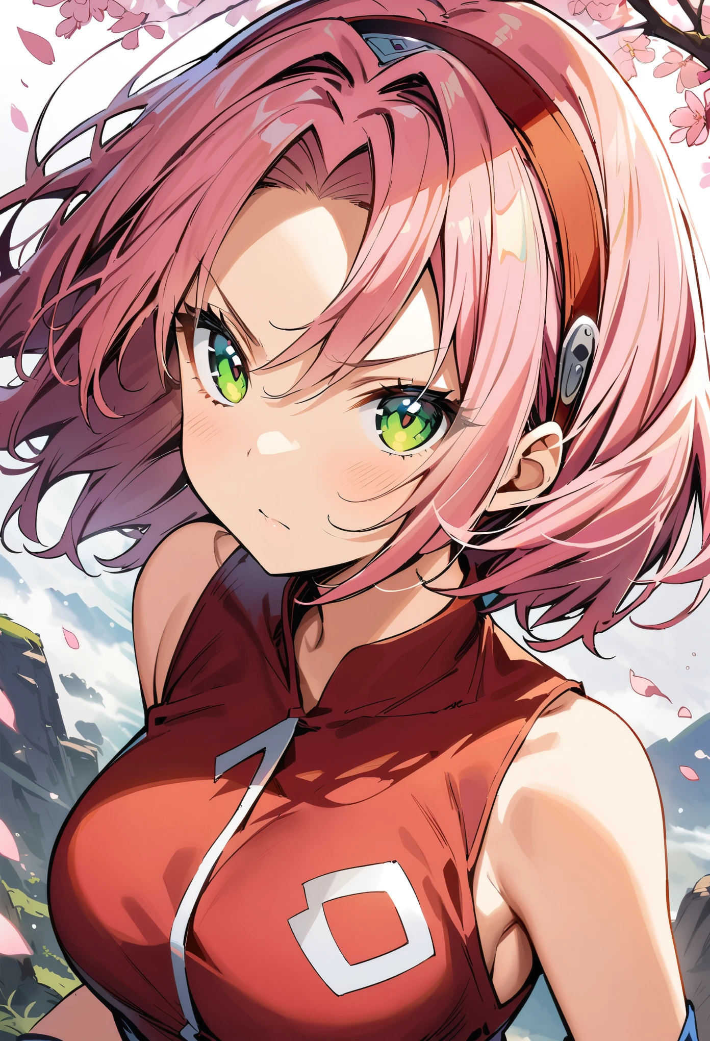 haruno sakura, , cherry blossoms, detailed background,huge tit,
1girl, konohagakure symbol, bangs, breasts, closed mouth, elbow sleeve, eyes visible through hair, floating hair, forehead protector, foreshortening, green eyes, hair intakes, hairband, looking at viewer, parted bangs, pink hair, red shirt, shirt, short hair, sleeveless, sleeveless shirt, small breasts, solo, upper body, v-shaped eyebrows, white background, wind, portrait,
, ((masterpiece))
