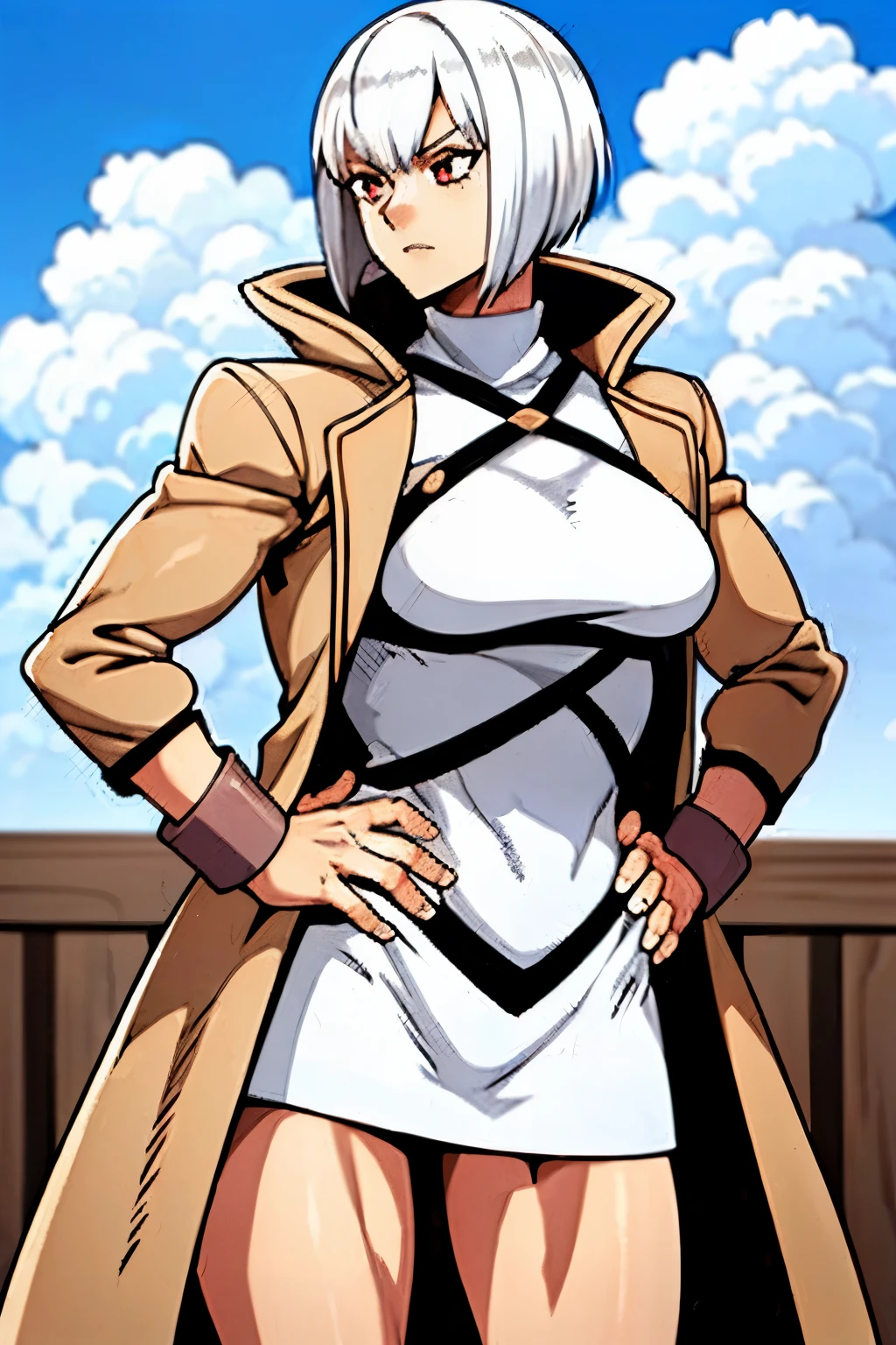 a girl with white hair, short hair, wearing a brown coat, muscular, defined, tanned
