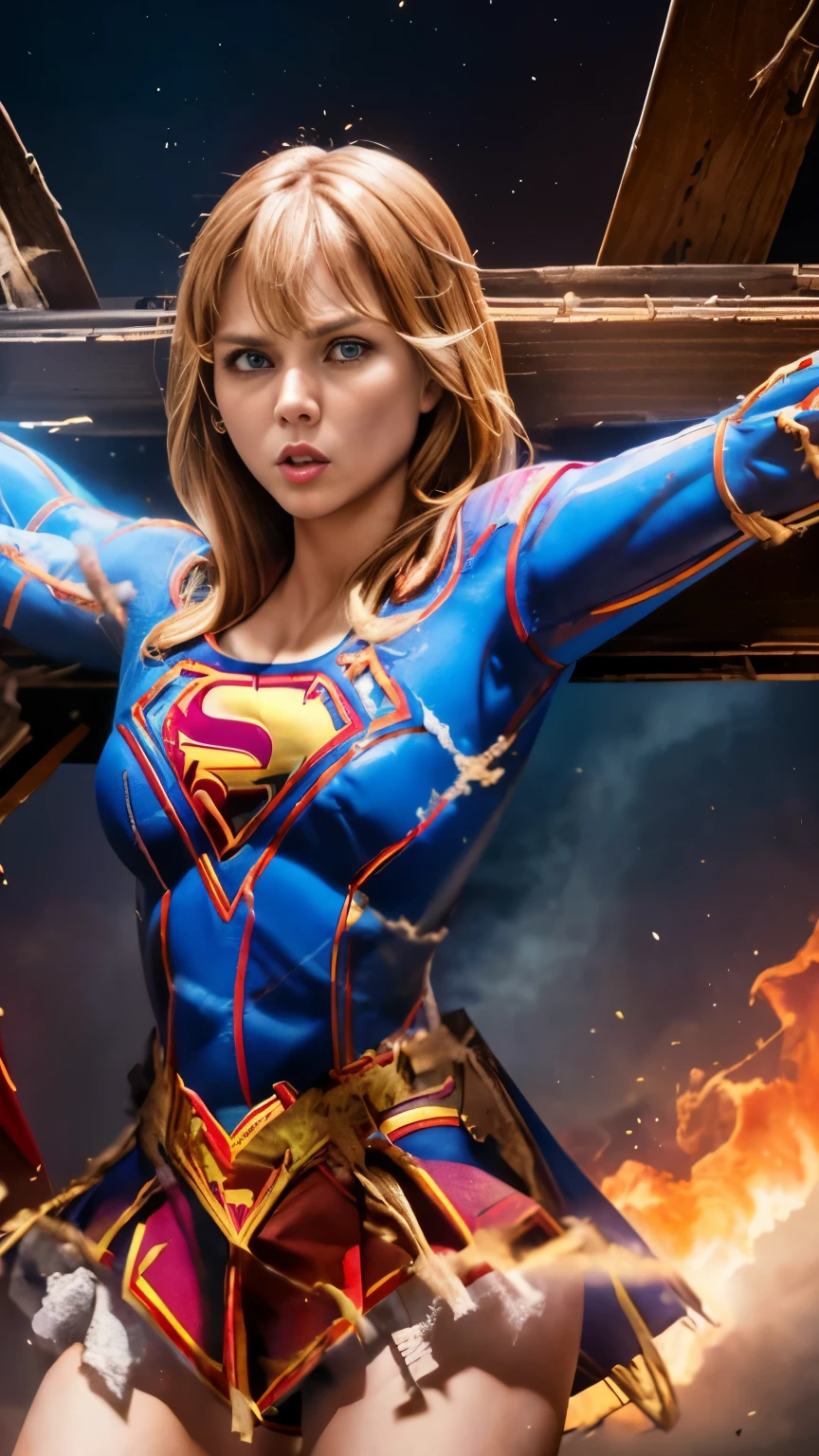 highest quality,masterpiece,UHD, Super detailed, 8K,(Beautiful woman),(一人のBeautiful woman),((crucifixion:1.5)),(((cross))),(execution),((incontinence)),scared,torture,slave,((crossにcrucifixionにされた女性:1.5)),crucifixion刑,((supergirl:1.5)),blue suit,Superman logo on chest,red skirt,red boots,((torn costume:1.5)),((Tearing of clothes:1.5)),(tattered clothes:1.5),Beaten face,顔にtraces of being beaten,((bruises on body)),scars on body,injured face and body,(Bruise, dirty, torn clothes, revealing clothes, Blood:1.3),traces of being beaten,Defeated heroine,a devastated world,ruins,abandoned building,(burning at the stake),((roasted over fire:1.2)),inflammation,(inflammationに包まれている),足下にinflammation