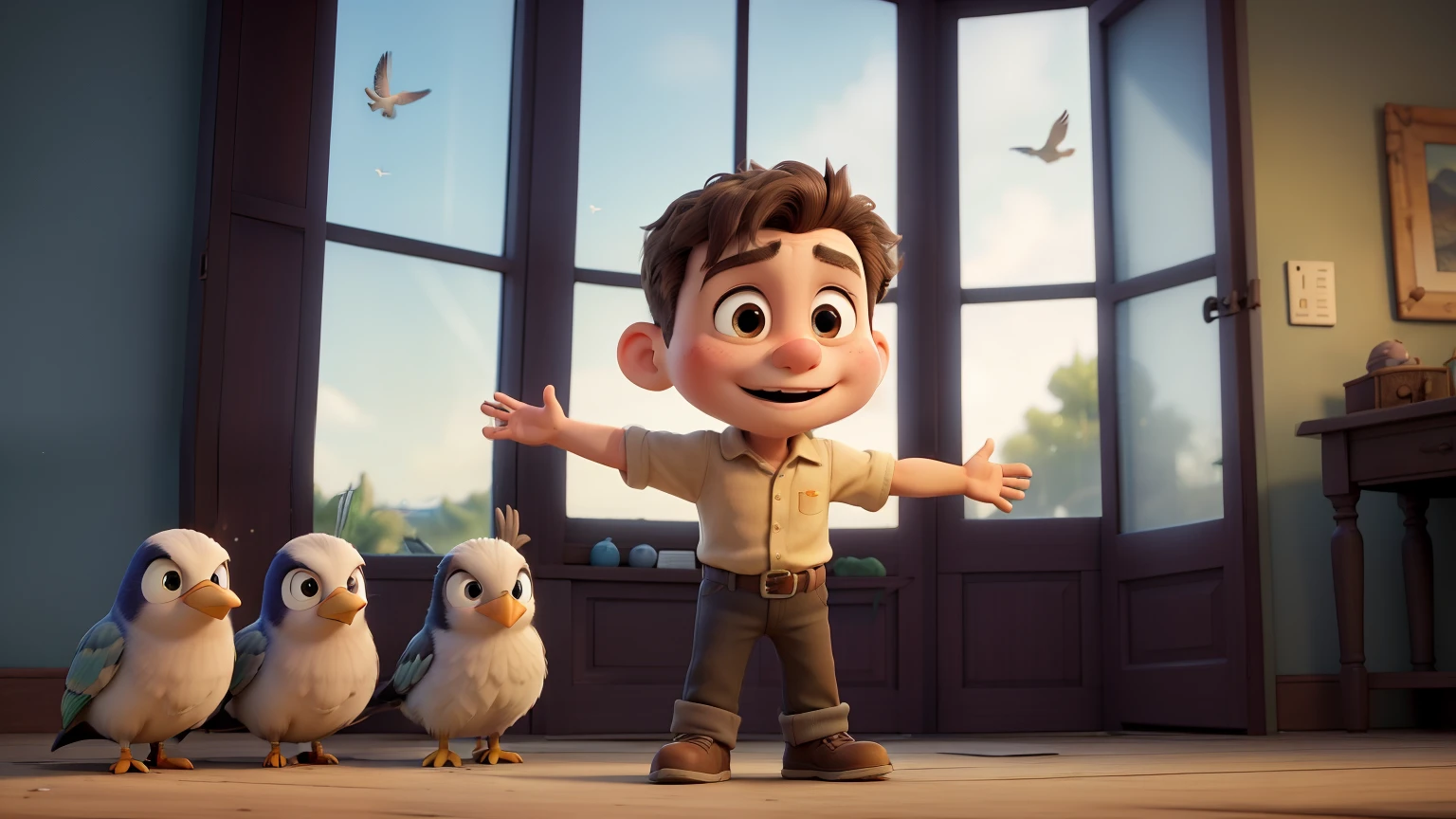 ((best quality)), ((masterpiece)), (detailed), perfect face,  Billy standing by his open window, arms outstretched as if reaching to join in flight with birds flitting past, Disney Style.