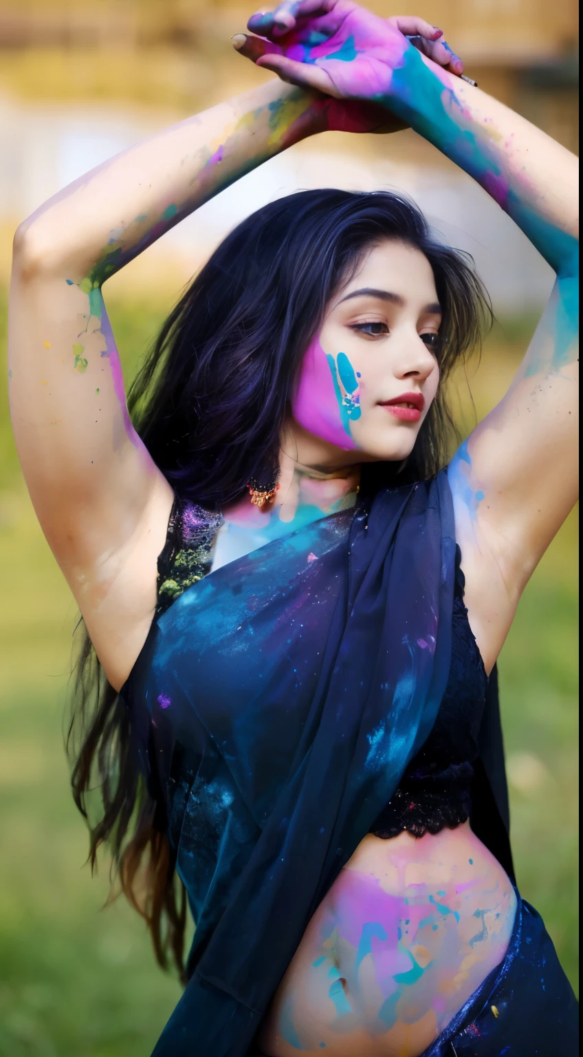 araffe woman with paint on her body and arms and chest, * colour splash *, with beautiful colors, very beautiful enga style, uhd candid photo of dirty, a beautiful woman in white, colour splash, gorgeous woman, colour, painted look, colors white!!, colored, indian goddess, artist wearing dirty, with colourful intricate, very attractive and beautiful, desi