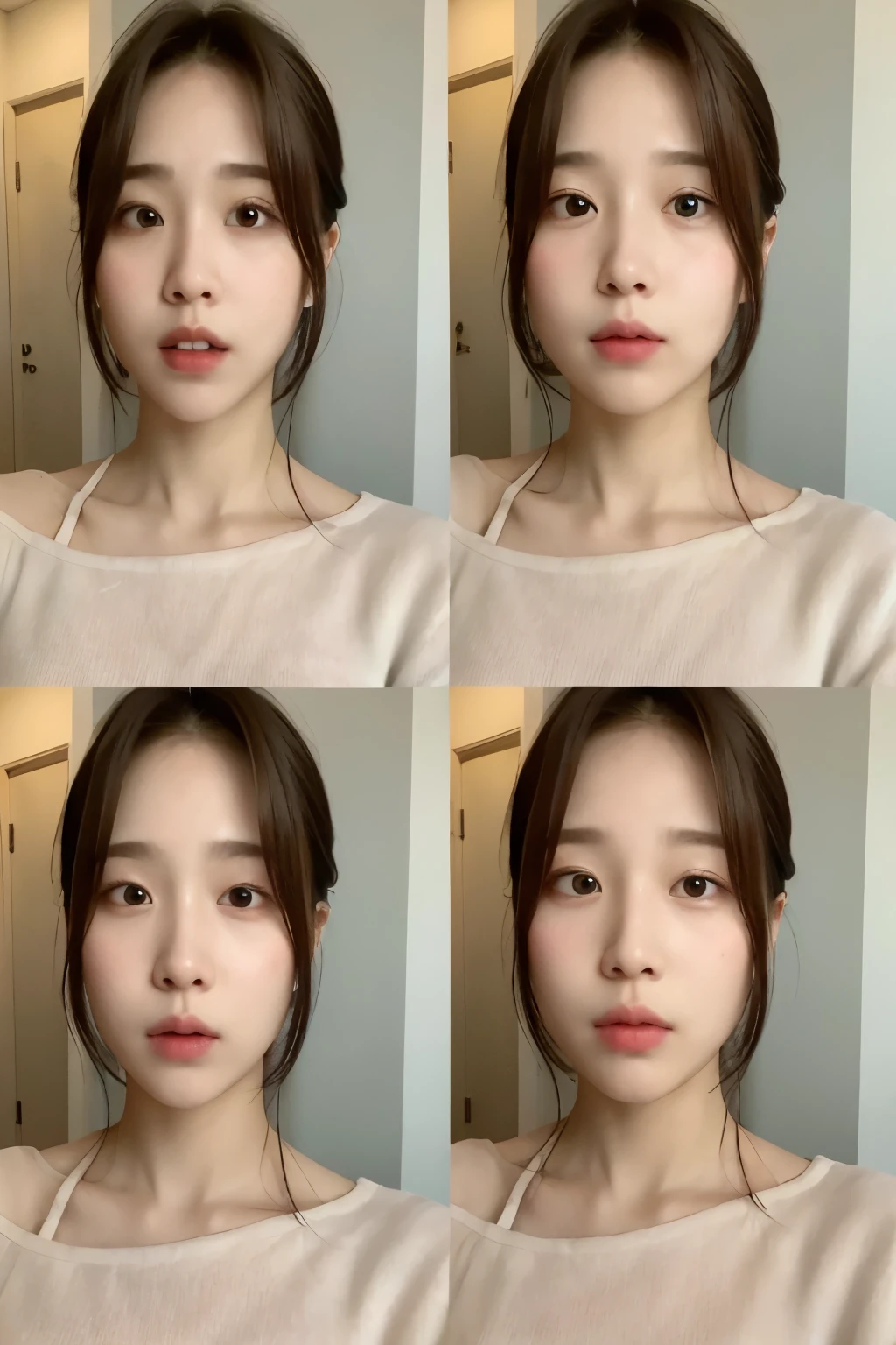 arafed image of a woman with different facial expressions, 8k selfie photograph, korean face features, korean symmetrical face, young adorable korean face, beautiful aesthetic face, wan adorable korean face, soft round face, pale round face, with round face, soft eyes and narrow chin, small heart - shaped face, pretty face features, soft face features, soft makeup