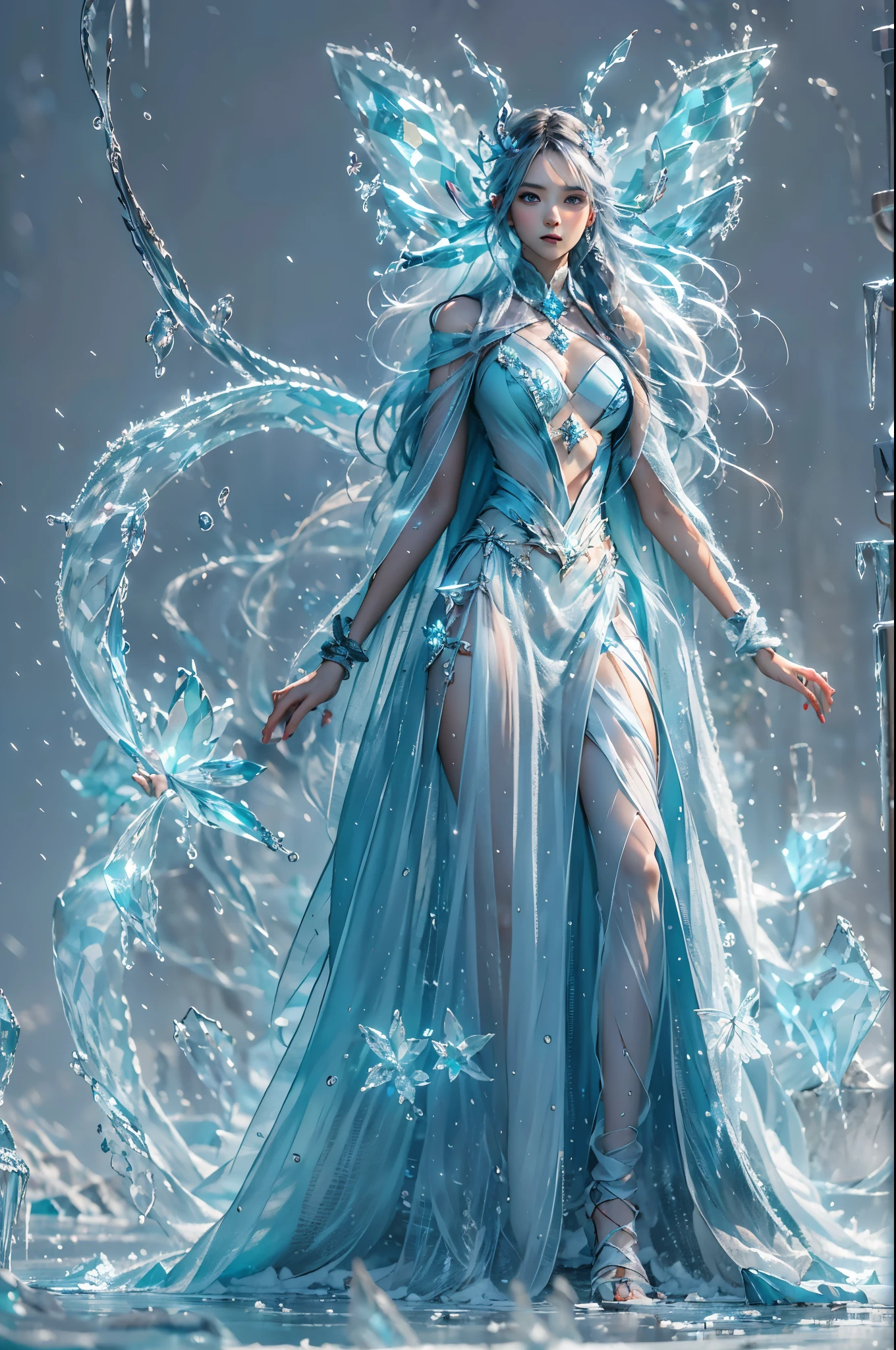 (((1 girl))),dynamic poses,(Crystal dress:1.5),(magic circle:1.2),magic circle,blue concentric circles,ice crystals,concentric circles of frost,(((icicle))),Ice mist,Ice particle effects,(Ice butterfly:1.2),Amazing results,,best quality,masterpiece,ultra high resolution,detailed,8K resolution,chiaroscuro,NVIDIA RTX