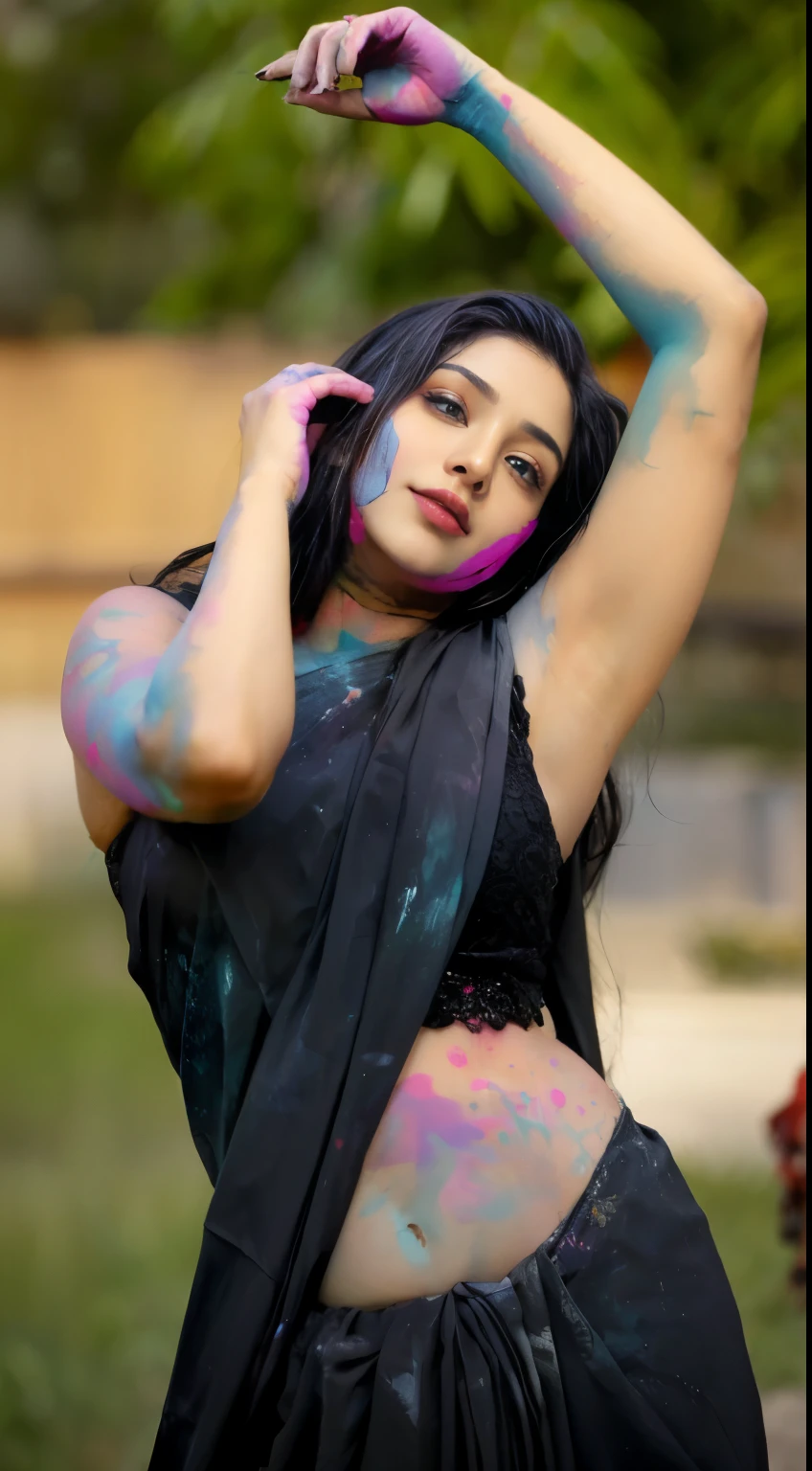 araffe woman with paint on her body and arms and chest, * colour splash *, with beautiful colors, very beautiful enga style, uhd candid photo of dirty, a beautiful woman in white, colour splash, gorgeous woman, colour, painted look, colors white!!, colored, indian goddess, artist wearing dirty, with colourful intricate, very attractive and beautiful, desi