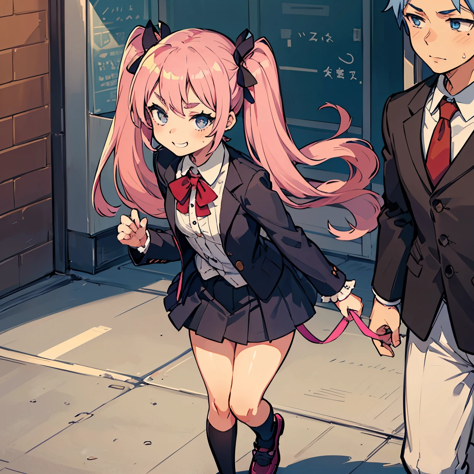 Girl with pink hair, long twin-tail hairstyle, small bushy eyebrows, wearing gothic lolita clothing, lolicon (Zankuro) drawing style by zankuro artist, Zancrow style, image uploaded to R34, walking to school, flirty smile, lifting her skirt to show her vagina wet with semen