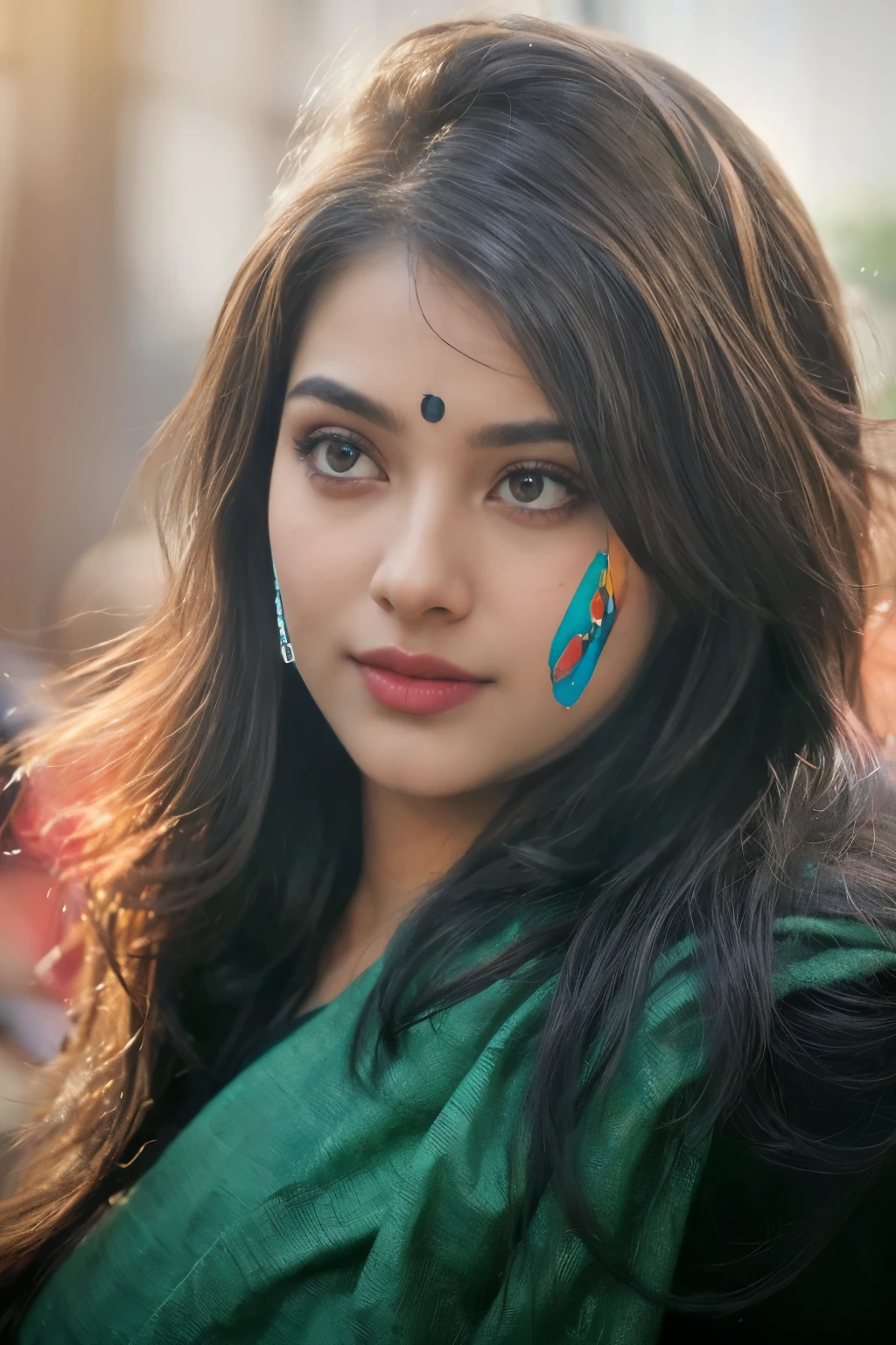 Cute, round face, pale white skin, beautiful Indian college girl, wearing hoodie, bigger breasts, looking at viewer,  holi color festival, portrait, hyper detailed, detailed face,, POV, by lee jeffries nikon d850 film stock photograph 4 kodak portra 400 camera f1.6 lens rich colors hyper realistic lifelike texture dramatic lighting unrealengine trending on artstation cinestill 800,