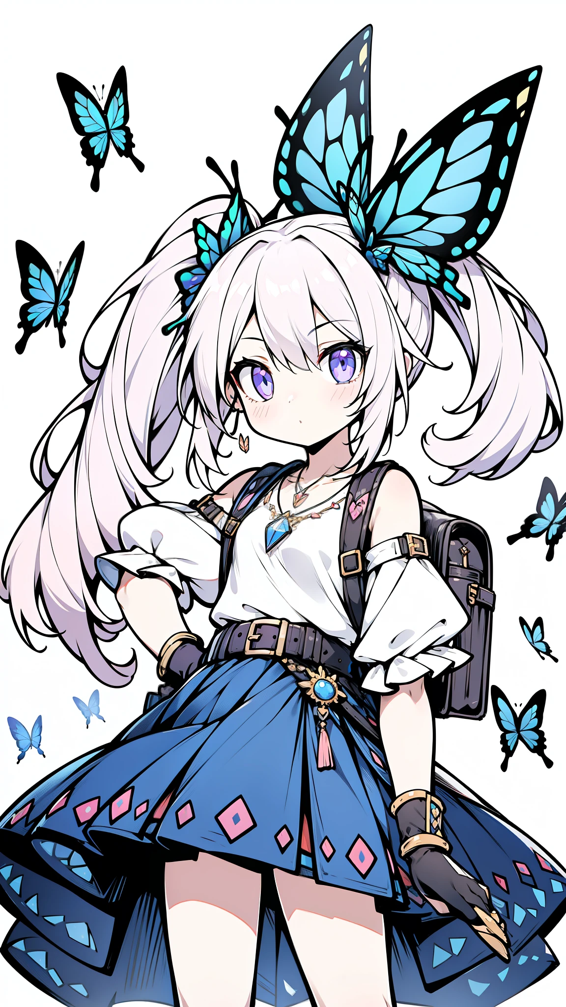 32k, best quality, ultra high res, HDR, UHD, extremely detailed CG unity 32k wallpaper, (((cute gal))), (streets of the world background), ultra quality hair, pink hair, ultra quality eyes, purple eyes, side ponytail, (butterfly hair ornament), peek from below, carry a backpack, (((face focus))), (((looking at another))), lapis lazuli necklace, 