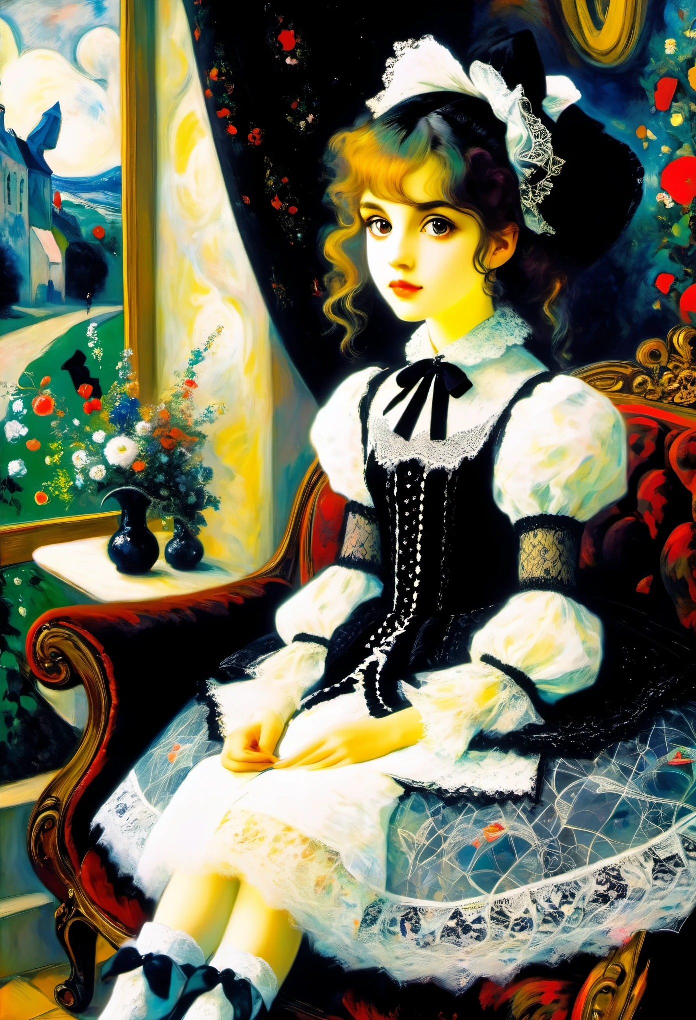 Baroque, gothic lolita, cute, 1girl, solo, full body, black sofa, black dress, absurdres, white lace,((Marc Chagall style)), magical naive art, primitivism, protogenes,((Best quality, masterpiece)),
(Higher detail), Impressionism:1.1, 8k