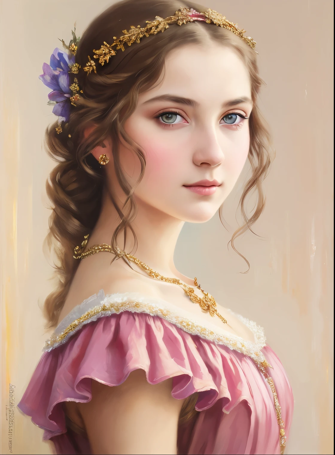 portrait, girl, middle ages, classicism, andrey atroshenko style, painting, pierced eyes, beautifully styled hair, traditional media, realistic, figurative, fine art, oil on canvas, HDR, 8K, original character, high resolution, high detail, focus on the face, beautiful eyes 