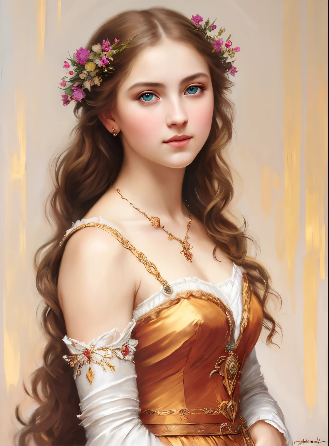 portrait, girl, middle ages, classicism, andrey atroshenko style, painting, pierced eyes, beautifully styled hair, traditional media, realistic, figurative, fine art, oil on canvas, HDR, 8K, original character, high resolution, high detail, focus on the face, beautiful eyes 
