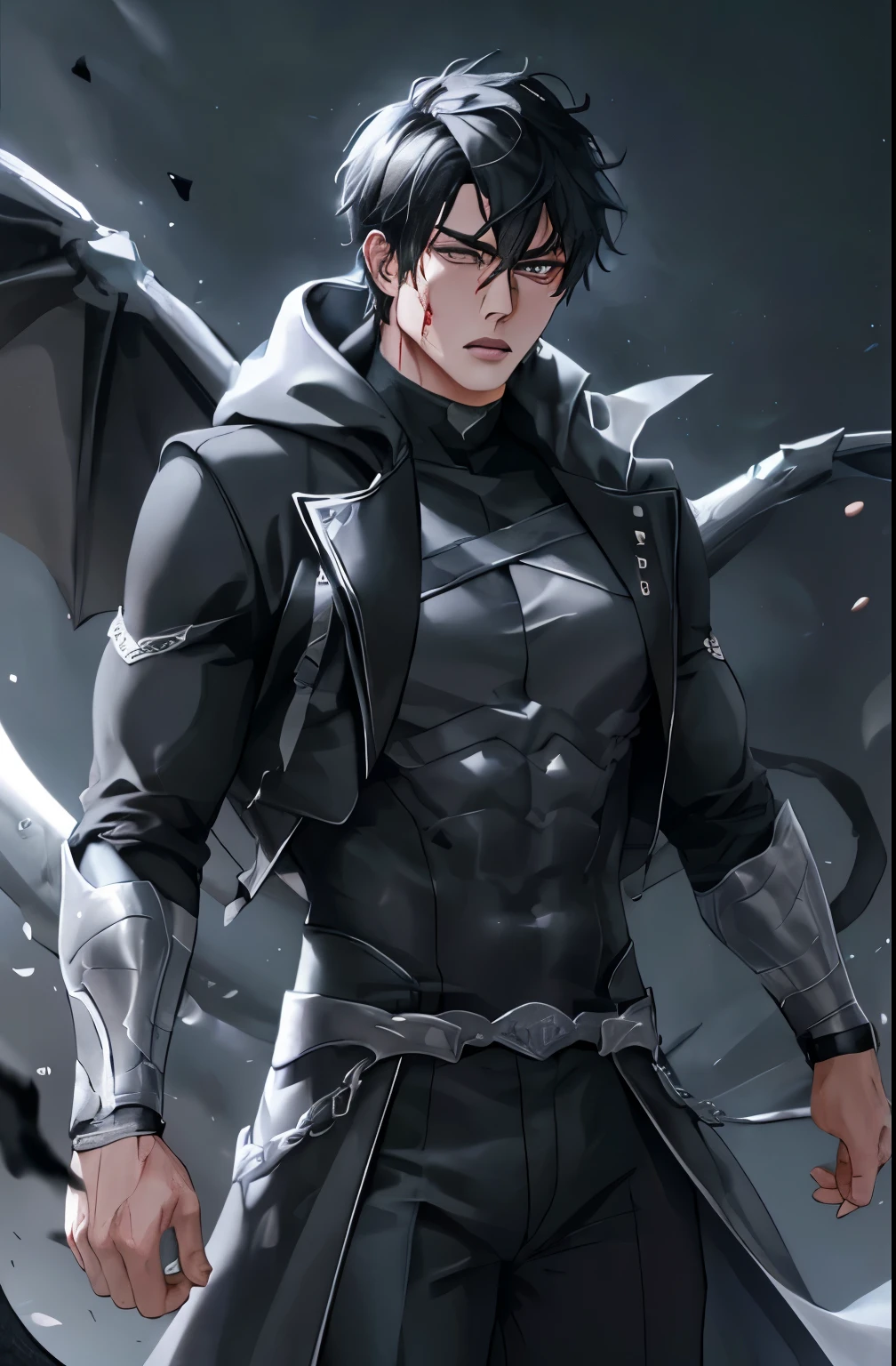 kk, best quality, more details, masterpiece, 1 Colored grey dragon boy, male focus, solo, black background, bangs, dragon scales, black scales, grey horns, long claws, high quality, grey eyes, short hair, grey-black hair, clawed hair, hood suit, looking at viewer, luxurious, 8k, detailed, ray tracing, depth of field, cinematic lighting, blood.