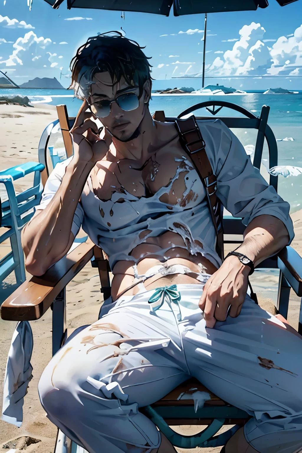 (tmasterpiece,ultra high resolution,16k UHD,high qulity),low tune,lifeguard,(Handsome uncle:1.8), (dregs:1.8), Seaside, (Sit in a chair outside an ice shop by the sea:1.8), looking at viewert,Shirtless, Briefs,tmasterpiece,(Short black hair),(sunglasses),Blue eyes,(roast), ssmile, (White clip foot dragging), Seoul, (dregs:1.5),(small heads),Precise anatomy,Precise hand structure,white swim trunk,Unity 16K wallpaper,concept-art,One guy,8K eyes,sand beach,bench,(((Mature male))),((largeeyes:1.3)),(extra very short hair),((1 American Bizo)),swim trunks,(photorealiscic face:1.8),broad shoulder,slips,(full bodyesbian:1.8),Male 35