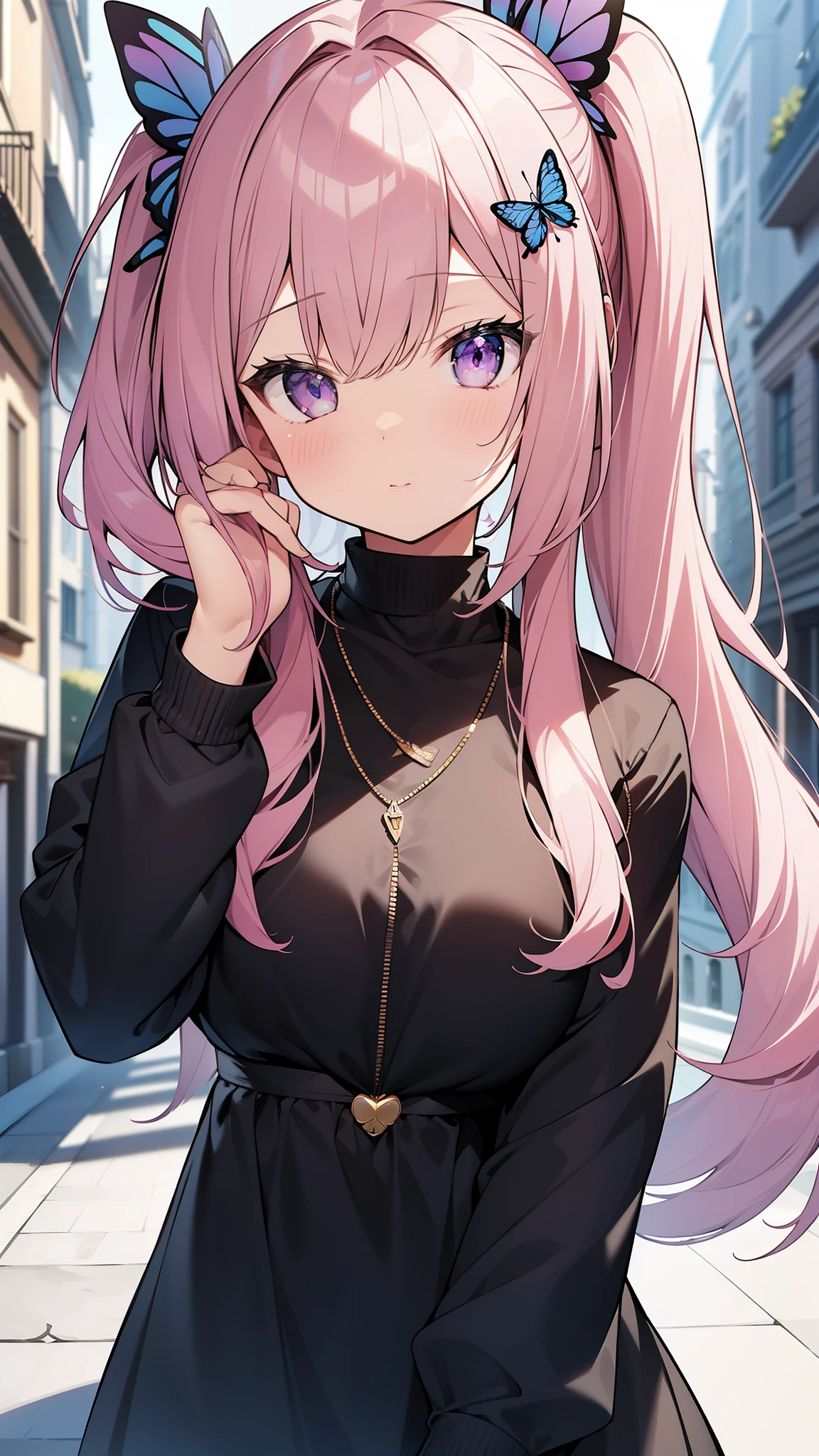 32k, best quality, ultra high res, HDR, UHD, extremely detailed CG unity 32k wallpaper, (((cute gal))), (streets of the world background), ultra quality hair, pink hair, ultra quality eyes, purple eyes, side ponytail, (butterfly hair ornament), peek from below, carry a backpack, (((face focus))), (((looking at another))), lapis lazuli necklace,