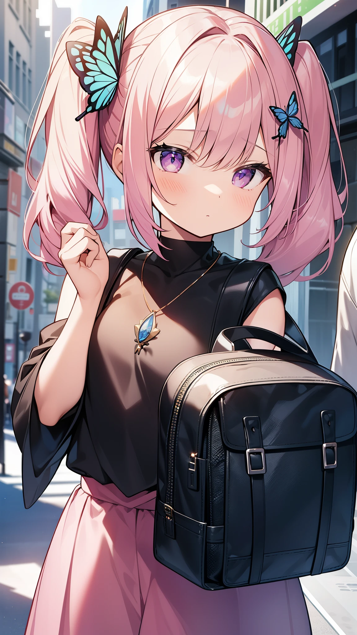 32k, best quality, ultra high res, HDR, UHD, extremely detailed CG unity 32k wallpaper, (((cute gal))), (streets of the world background), ultra quality hair, pink hair, ultra quality eyes, purple eyes, side ponytail, (butterfly hair ornament), peek from below, carry a backpack, (((face focus))), (((looking at another))), lapis lazuli necklace,