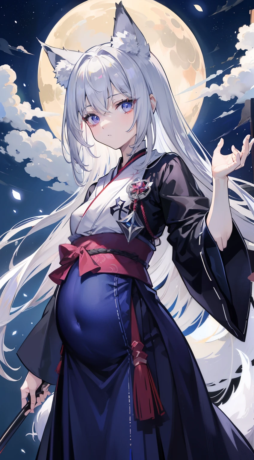 HDR、​masterpiece、top-quality、ighly detailed、extreme detail description、proffesional、Ultra-fine painting、chitanda_eru、((small tits))、((silber hair))、(the Nine-Tailed Fox)、((Woman with silver fox ears))、((Woman with nine silver fox tails))、((silber hair))、((Long))、((One female sorceress illuminated by moonlight on a dark night))、combat pose、((One eye is indigo))、((One eye is crimson))、Miko clothes、long-sleeve、Hakama skirt、add_detail,  pregnant 