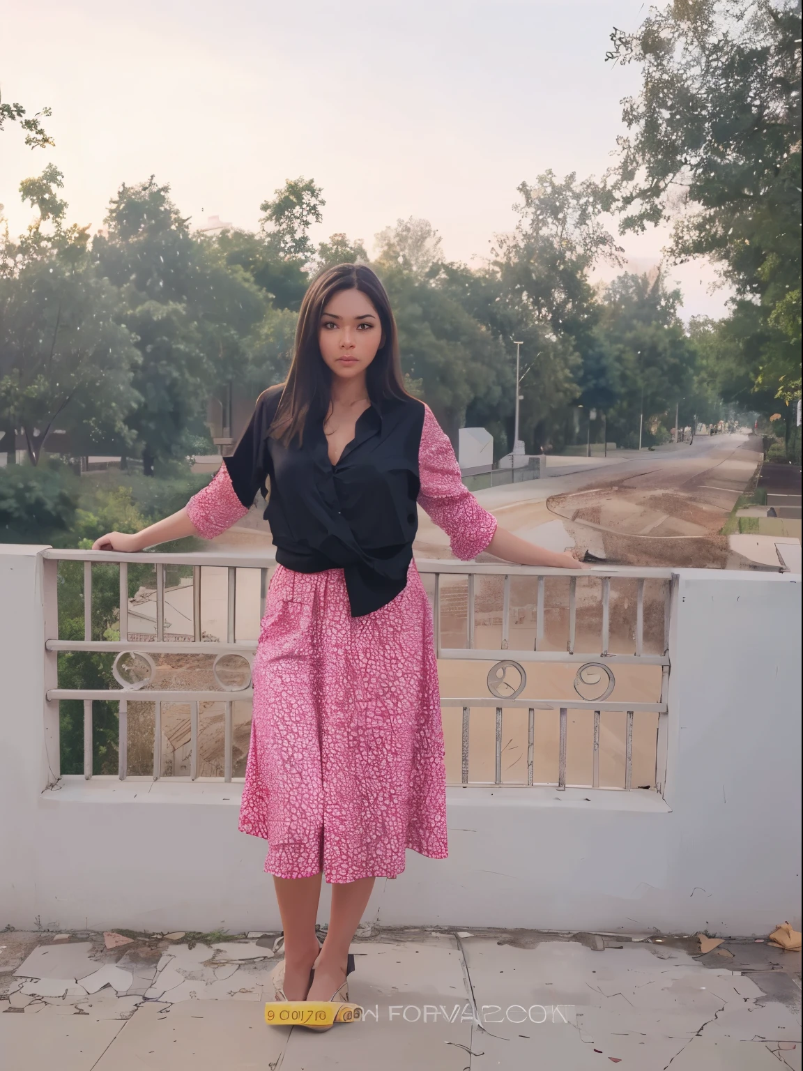 A girl is standing on the street with her clothes on. A very beautiful girl alone. In a city, there will be no clothes on the breast.