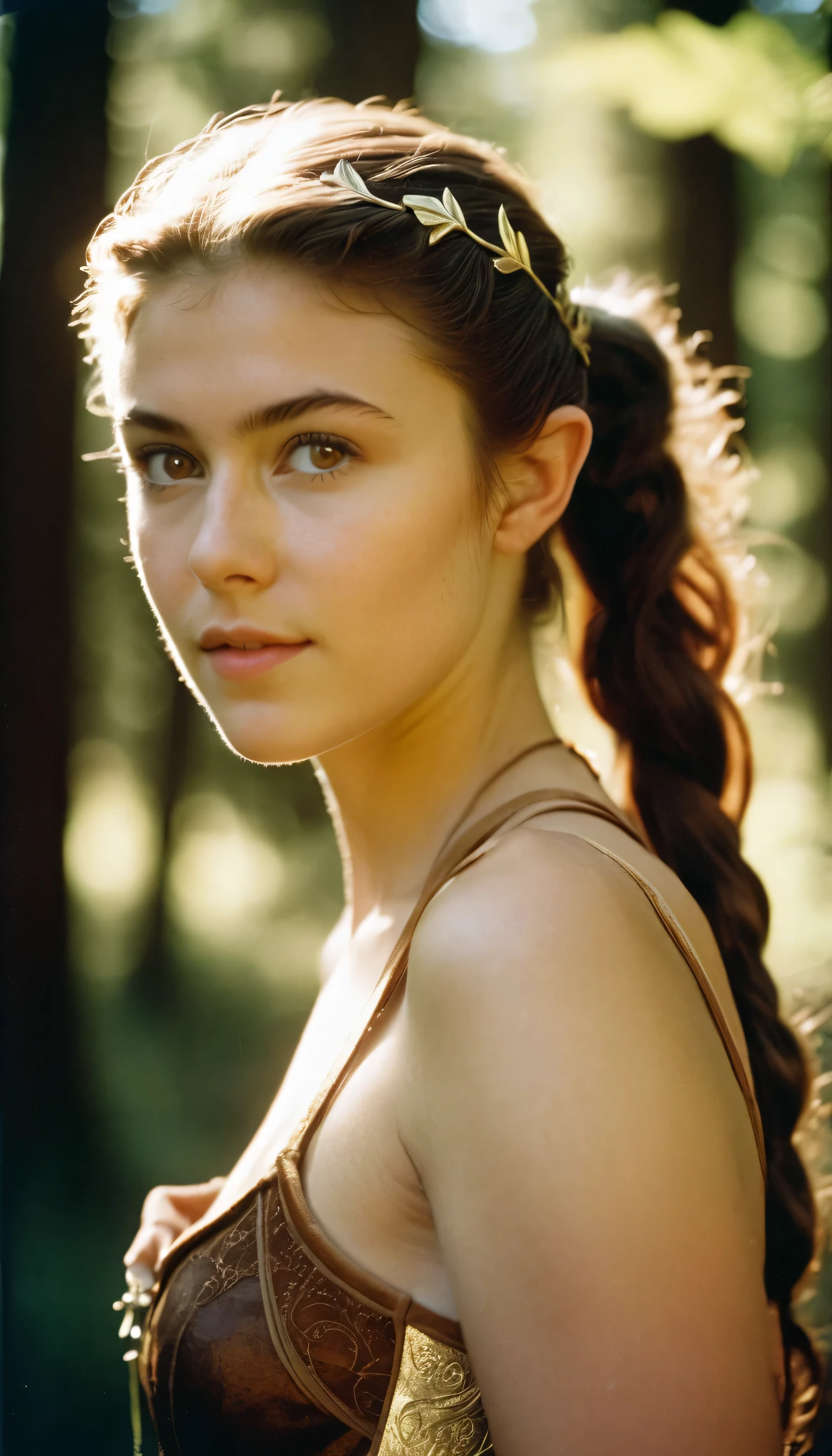 analog film photo, photo of a young girl, 18 years-old, (tank top:1.1), elf, elf ears, long pointy ear tips, brown eyes, messy ponytail, light-brown sun-tanned skin, pretty, natural beauty, resembles a young Mary Elizabeth Winstead, humid day, elven forest, sweaty glistening off of skin, RAW Photograph, dslr, soft lighting, high quality, film grain, Fujifilm XT3, detailed skin with visible pores, insane details, masterpiece, 8k, 35mm photograph, dslr, kodachrome, faded film, desaturated, 35mm photo, grainy, vintage, Kodachrome, Lomography, stained, highly detailed, found footage, full-body, elven ears
