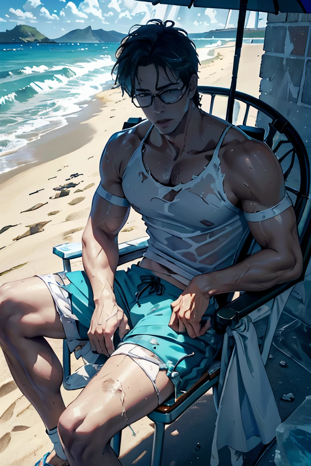 (tmasterpiece,ultra high resolution,16k UHD,high qulity),low tune,lifeguard,(Handsome uncle:1.8), (dregs:1.8), Seaside, (Sit in a chair outside an ice shop by the sea:1.8), looking at viewert,Shirtless, Briefs,tmasterpiece,(Short black hair),(sunglasses),Blue eyes,(roast), ssmile, (White clip foot dragging), Seoul, (dregs:1.5),(small heads),Precise anatomy,Precise hand structure,white swim trunk,Unity 16K wallpaper,concept-art,One guy,8K eyes,sand beach,bench,(((Mature male))),((largeeyes:1.3)),(extra very short hair),((1 American Bizo)),swim trunks,(photorealiscic face:1.8),broad shoulder,slips,(full bodyesbian:1.8),Male 35