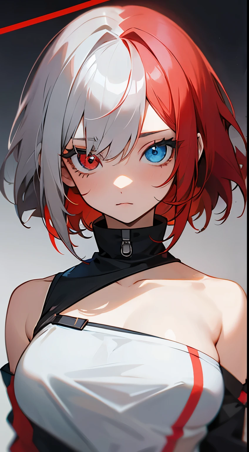 anime girl, two tone hair, (Red hair on the left, Gray hair on the right), heterochromia, (Red eye on the left, right blue eye), fine eyes, masterpiece, high quality