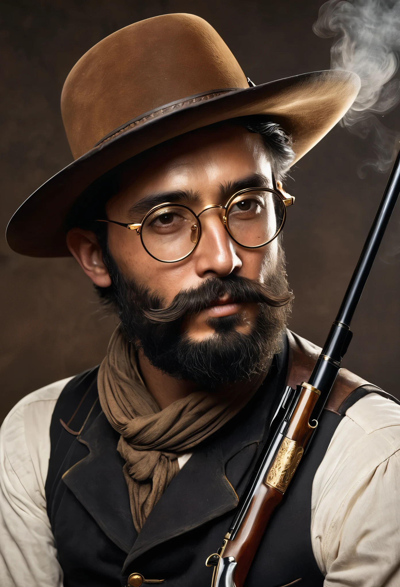 hunt showdown, man with a full, short beard, round, gold-rimmed metal glasses, wearing a typical dark brown western cowboy hat, black undercut hair. 1866, old-west style, holding a pistol winchester in his hand and a typical long-barreled rifle hanging from his right shoulder strap. all background the same as red dead redemption 2 with horses, golden sun, dust. in the city of valentine. like real photos. real person. on his shoulder an old long rifle smoking, chapeu simples marrom escuro, Antique round gold prescription glasses with transparent lenses and strapped only on the nose. idade entre 30 - 35 anos