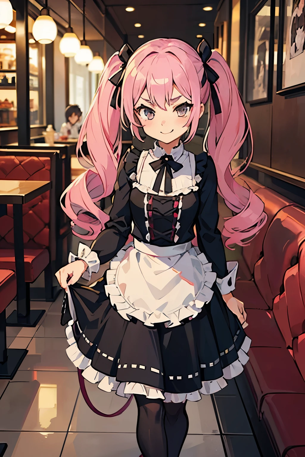 young girl with pink hair long twin-tail hairstyle, small thick eyebrows, with gothic lolita clothes, lolicon (Zankuro) drawing style of the zankuro artist, Zancrow style, image uploaded to R34, walking in the mall, flirty smile , suddenly having sex in public, doggy style sex , ((public sex in restaurant))