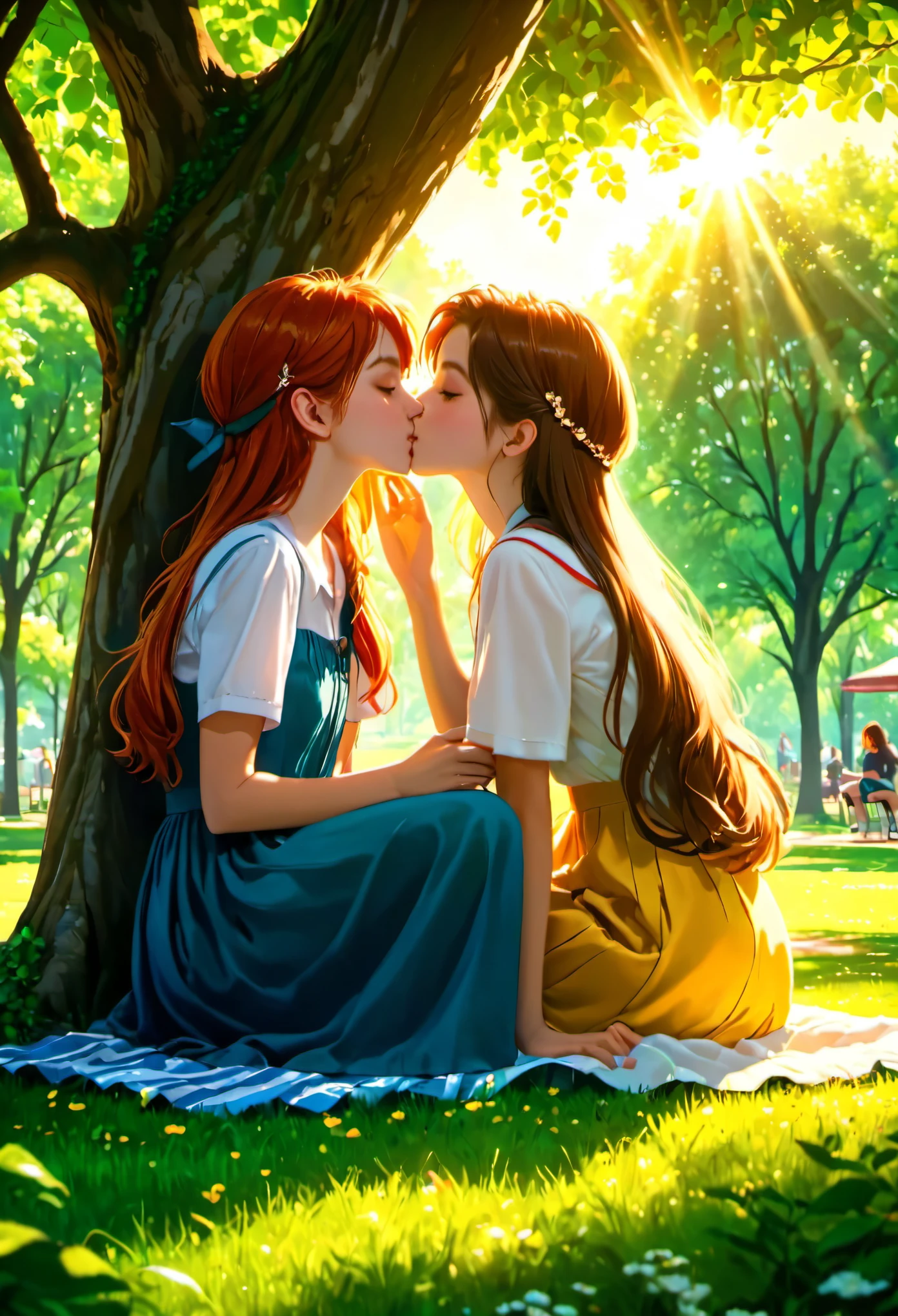 two  girls kissing, Under a canopy of trees in a quiet park, one has a cap, very different hair styles, and different hair colors, where the sun's rays gently filter, sitting, (masterpiece) 4k, HD (dynamic angle camera shot)